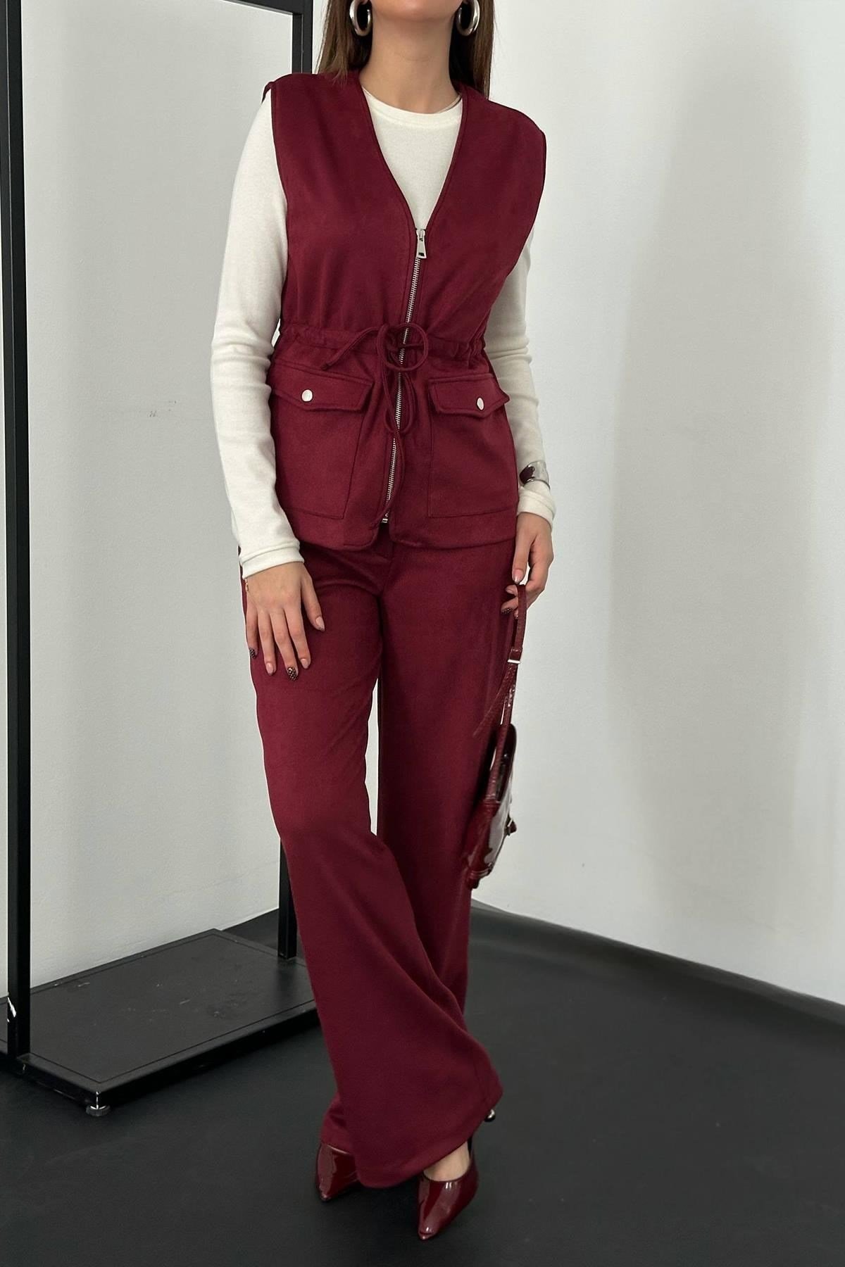 Toptan Bordo Süet Yelek Pantolon Takım