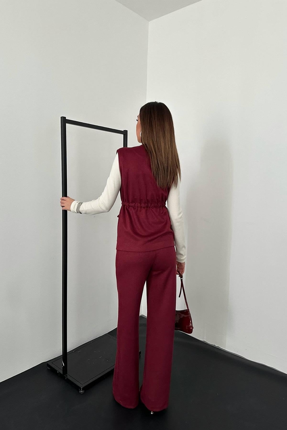 Toptan Bordo Süet Yelek Pantolon Takım