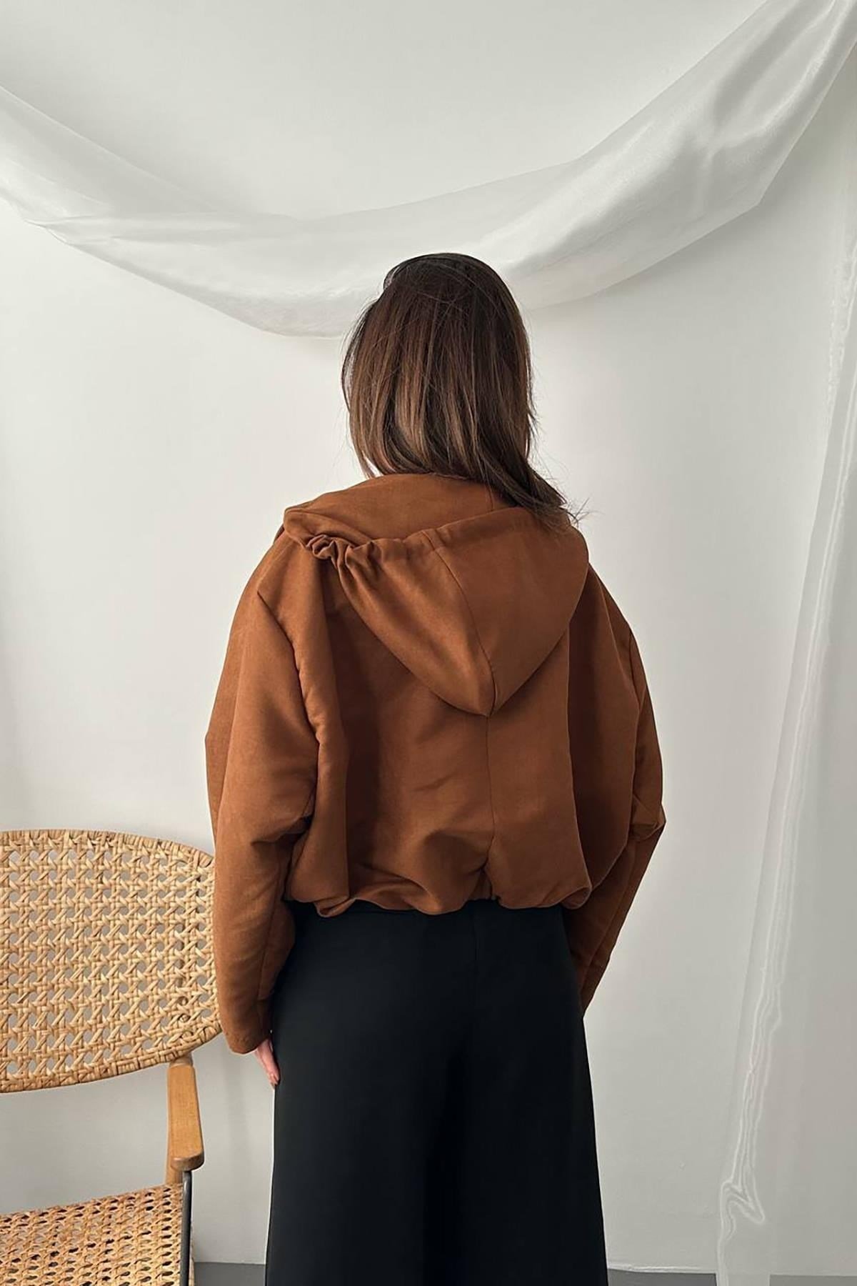 Toptan Camel Kısa Kapüşonlu Ceket