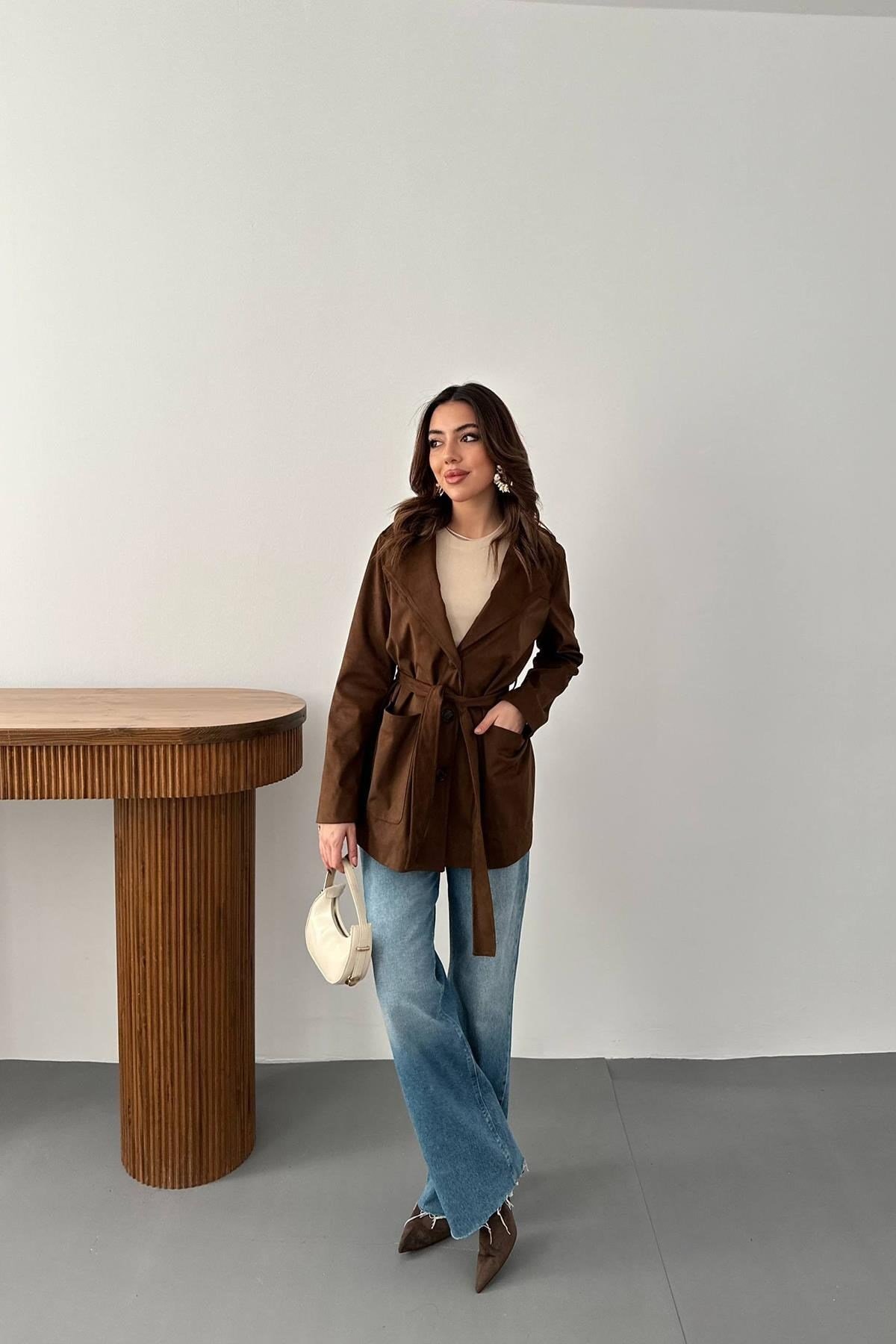 Toptan Camel Süet Bağlamalı Ceket