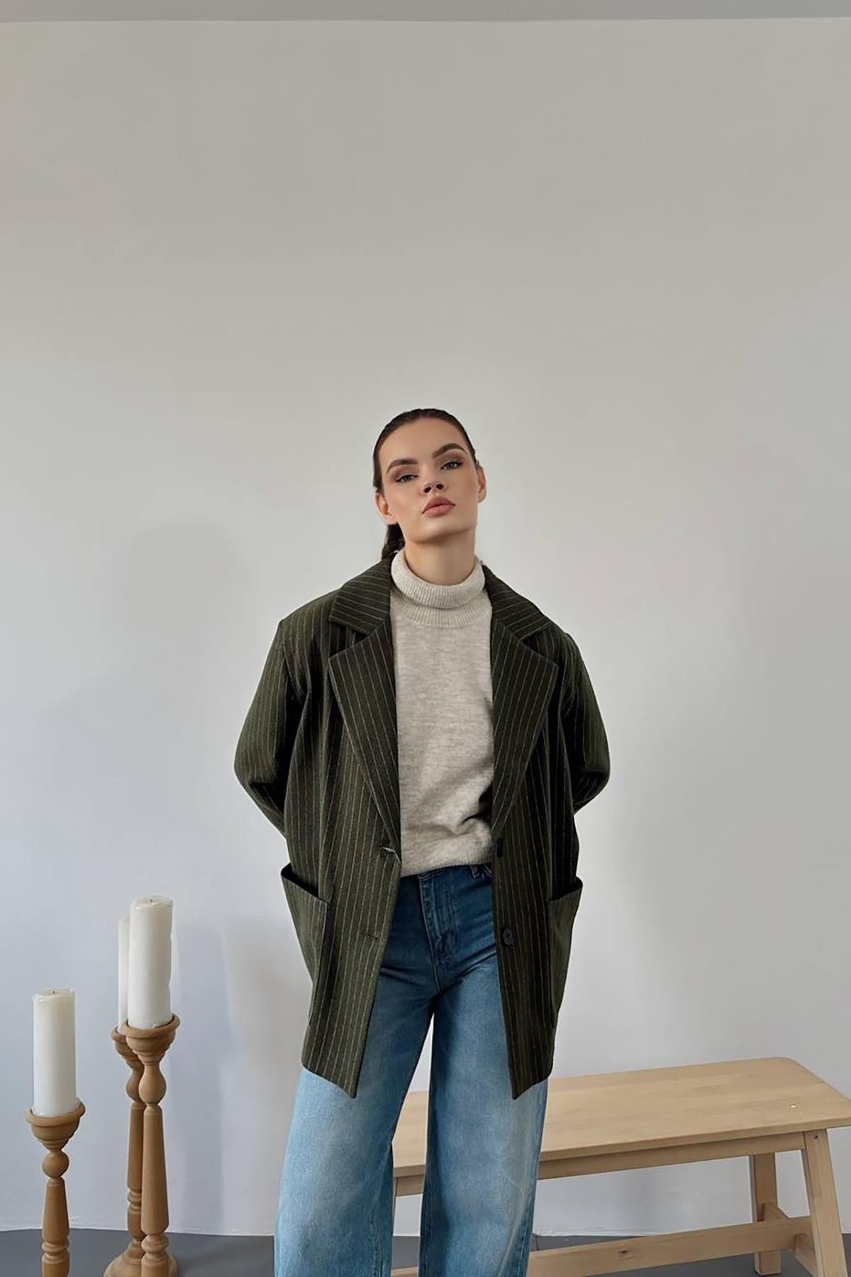 Toptan Haki Çizgili Oversize Ceket