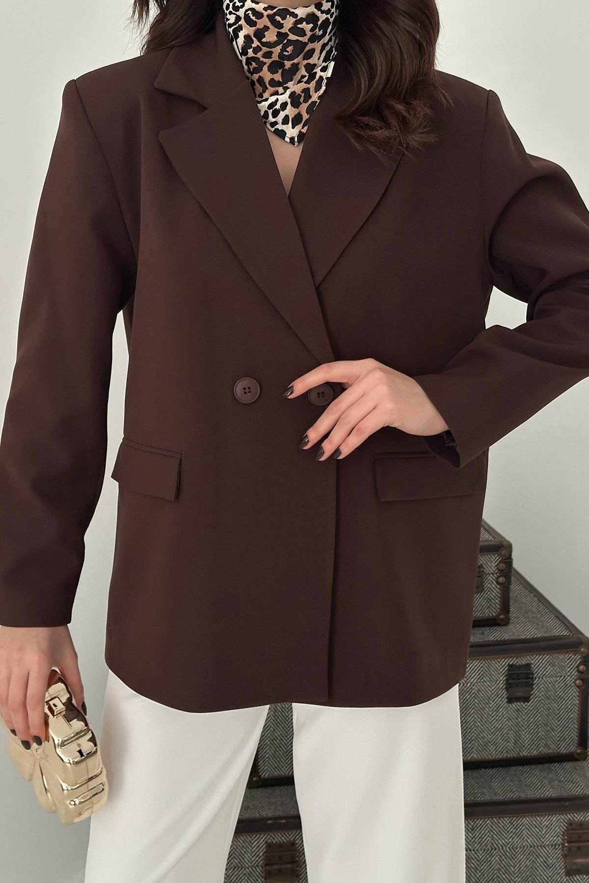 Toptan Kahverengi 2 Düğmeli Blazer Ceket