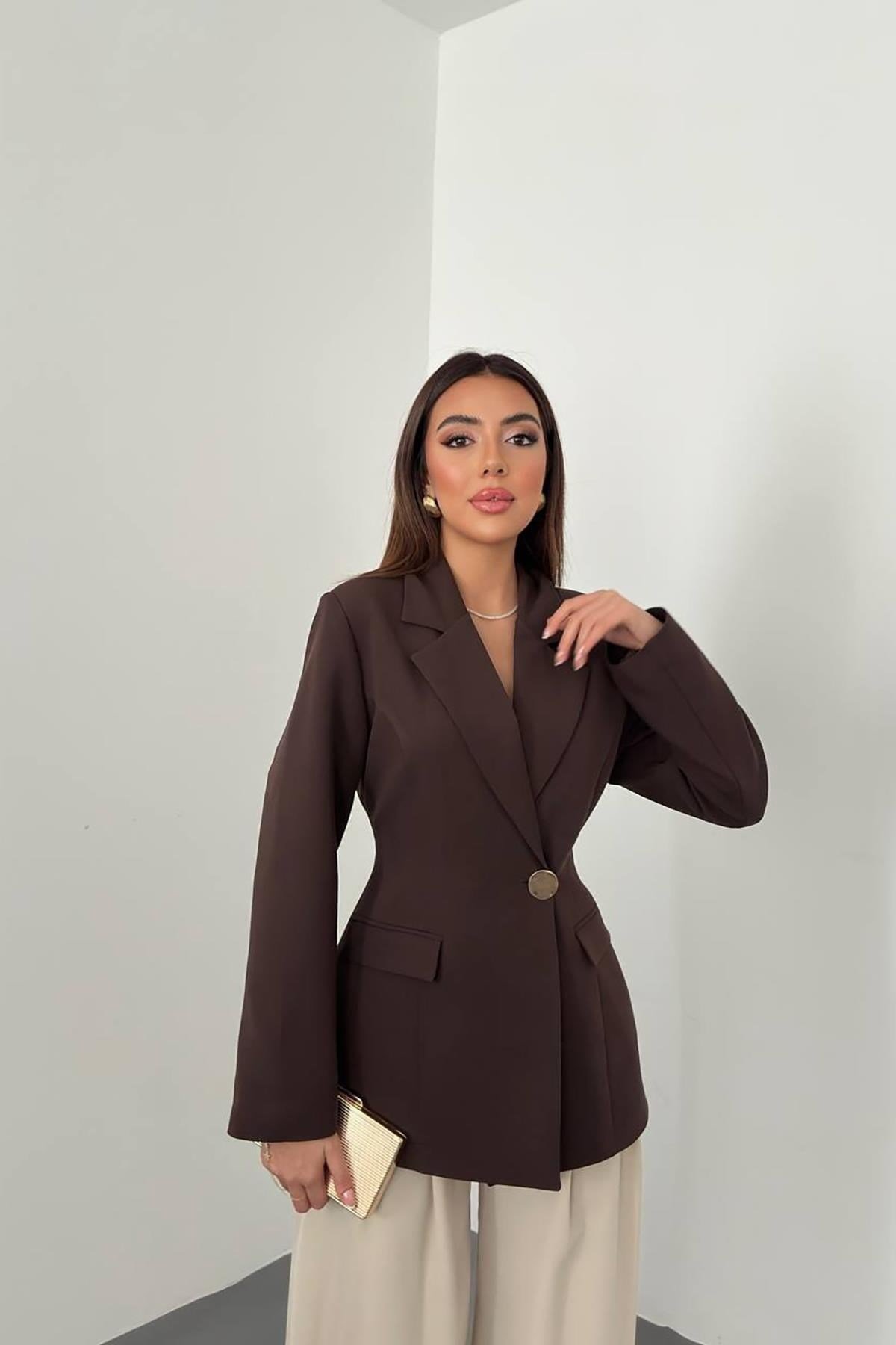 Toptan Kahverengi Belden Oturtmalı Blazer Ceket