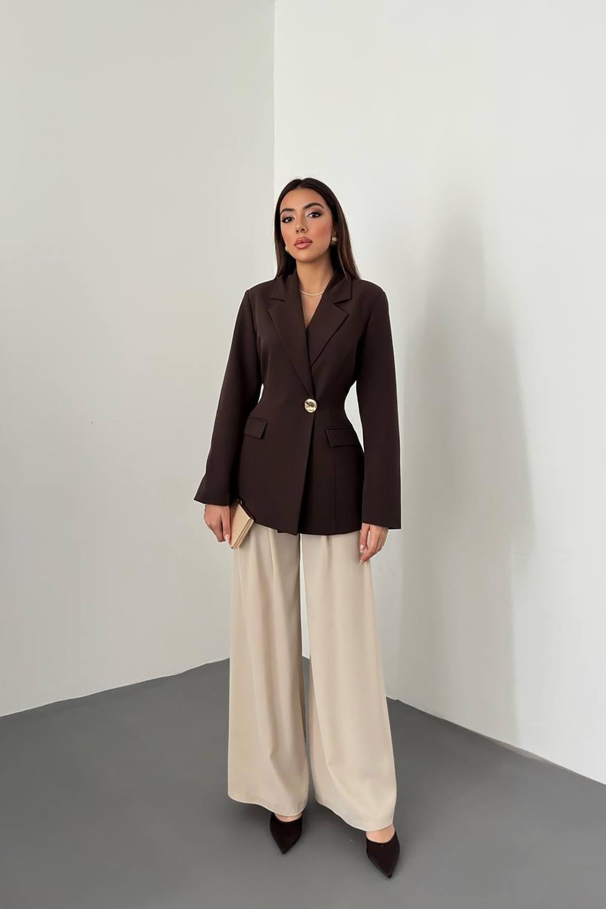 Toptan Kahverengi Belden Oturtmalı Blazer Ceket