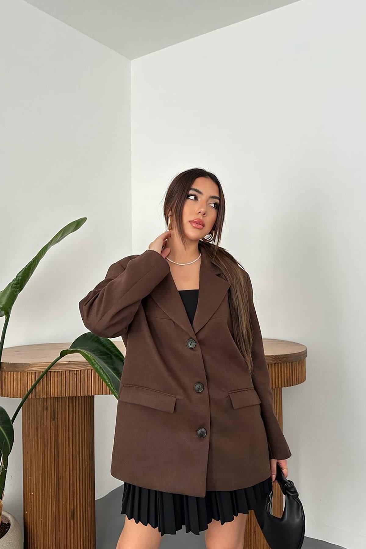 Toptan Kahverengi Blazer Süet Ceket