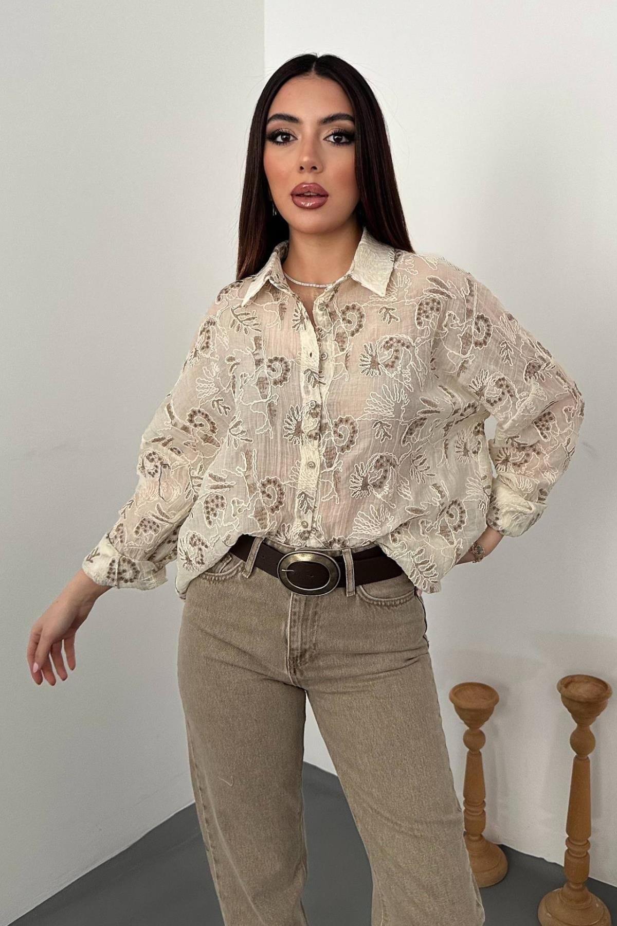 Toptan Kahverengi Nakışlı Oversize Gömlek