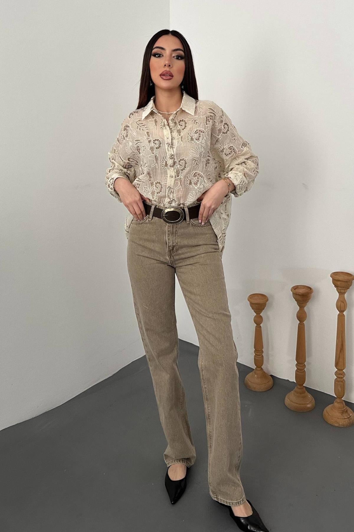 Toptan Kahverengi Nakışlı Oversize Gömlek