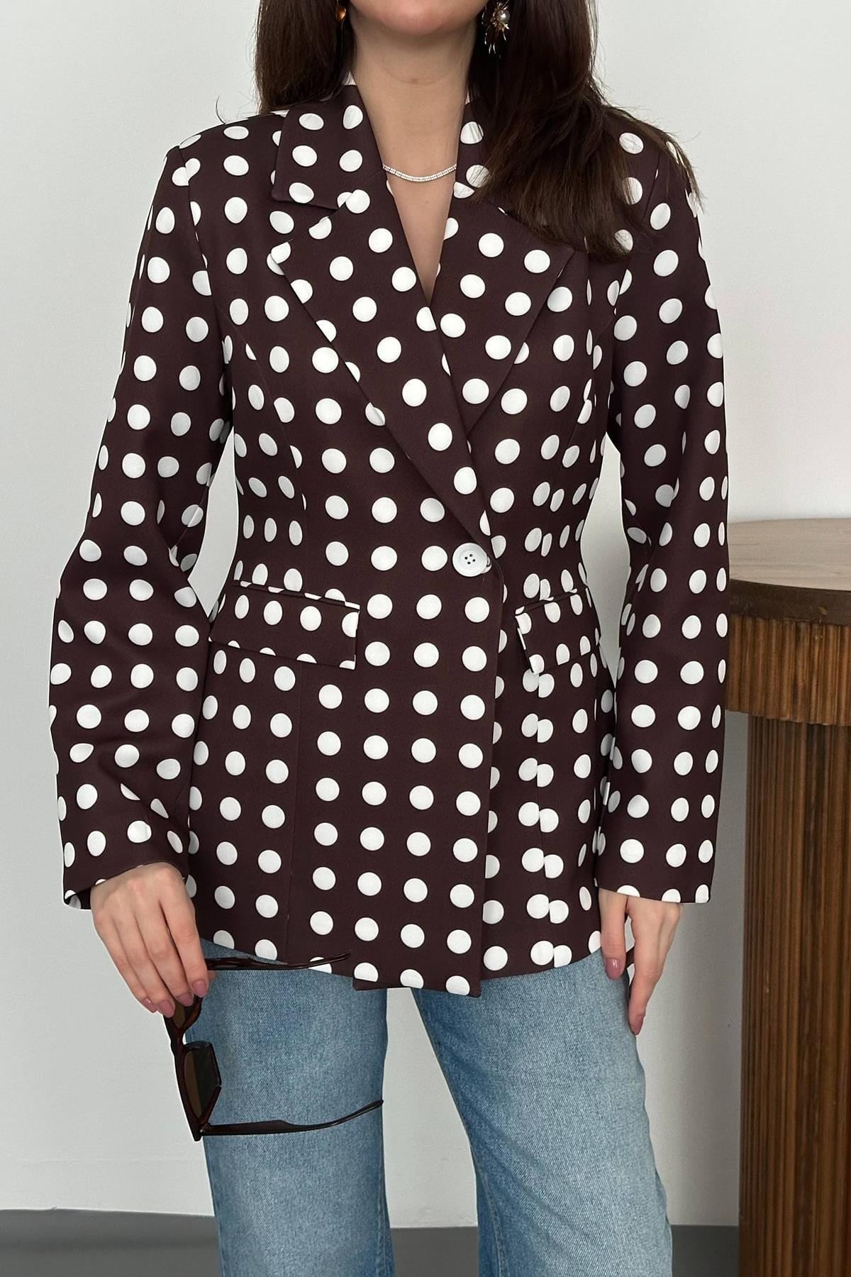 Toptan Kahverengi Puantiyeli Blazer Ceket