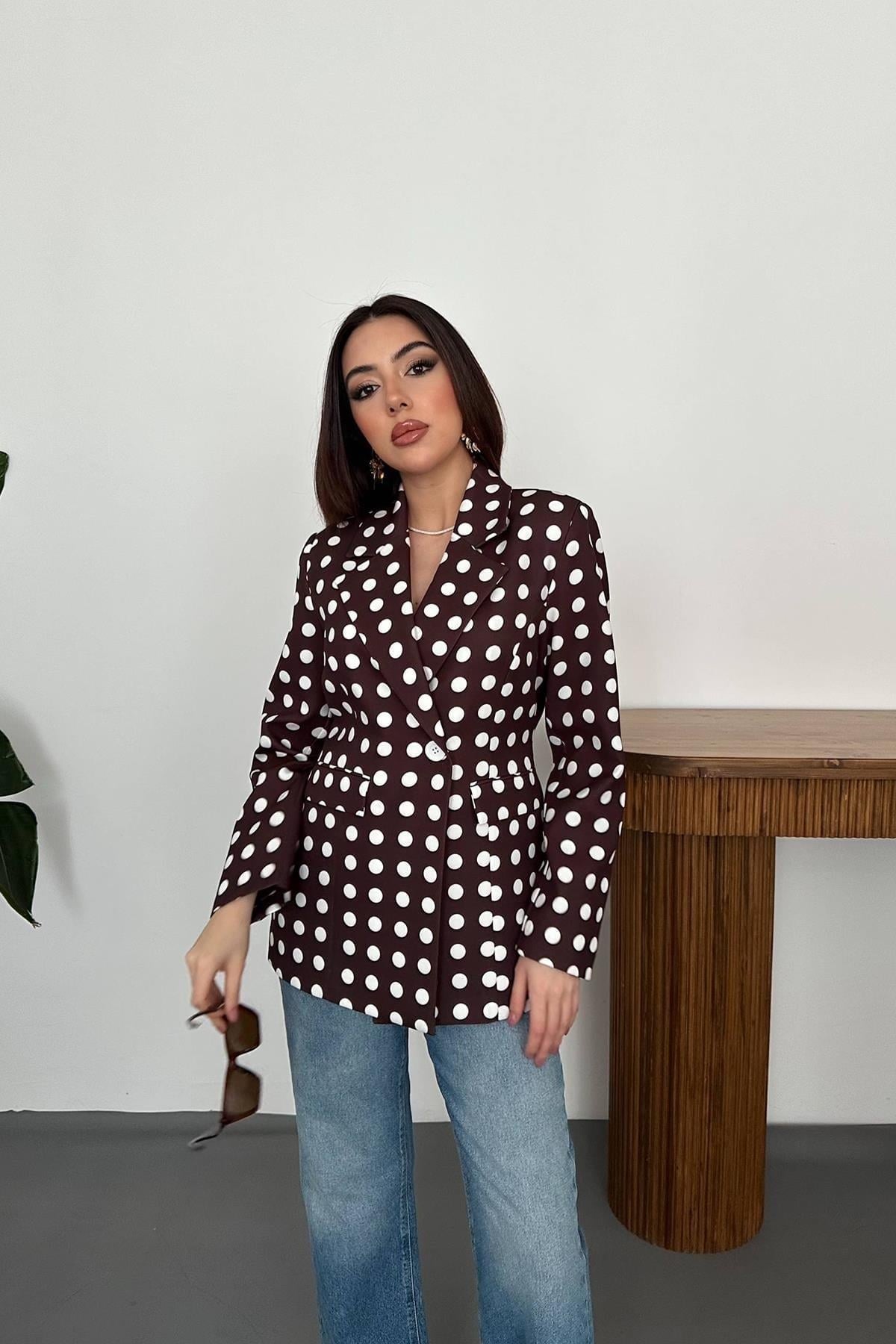 Toptan Kahverengi Puantiyeli Blazer Ceket