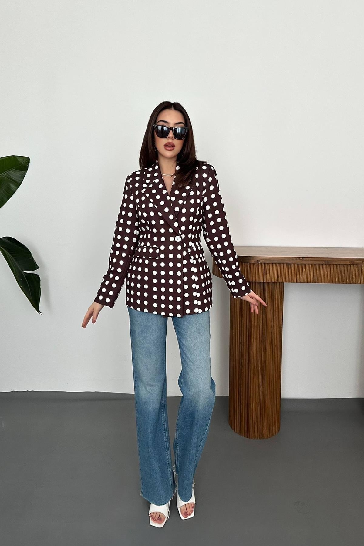 Toptan Kahverengi Puantiyeli Blazer Ceket