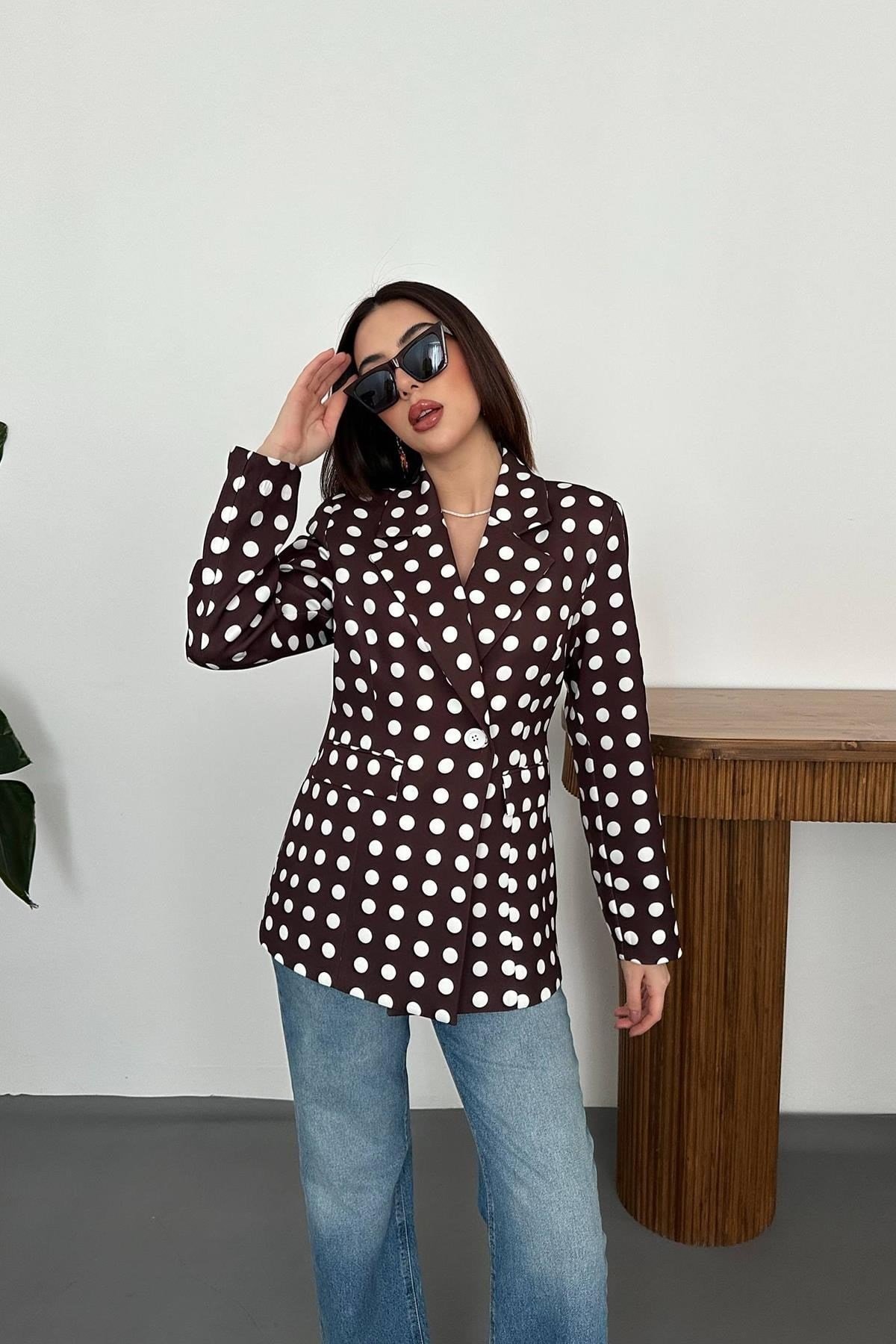 Toptan Kahverengi Puantiyeli Blazer Ceket