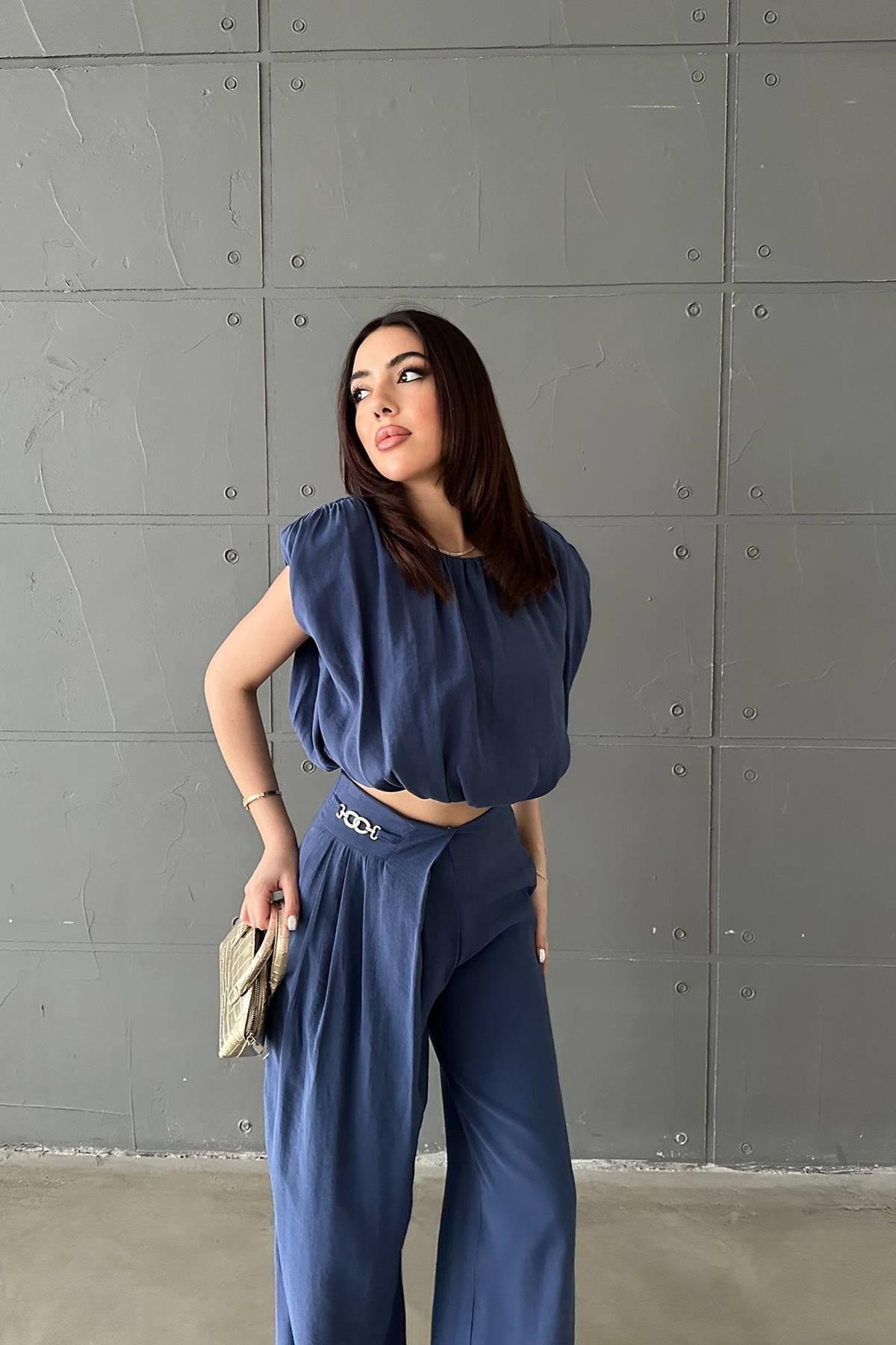 Toptan Lacivert Modal Bluz Ve Pantolon Takım