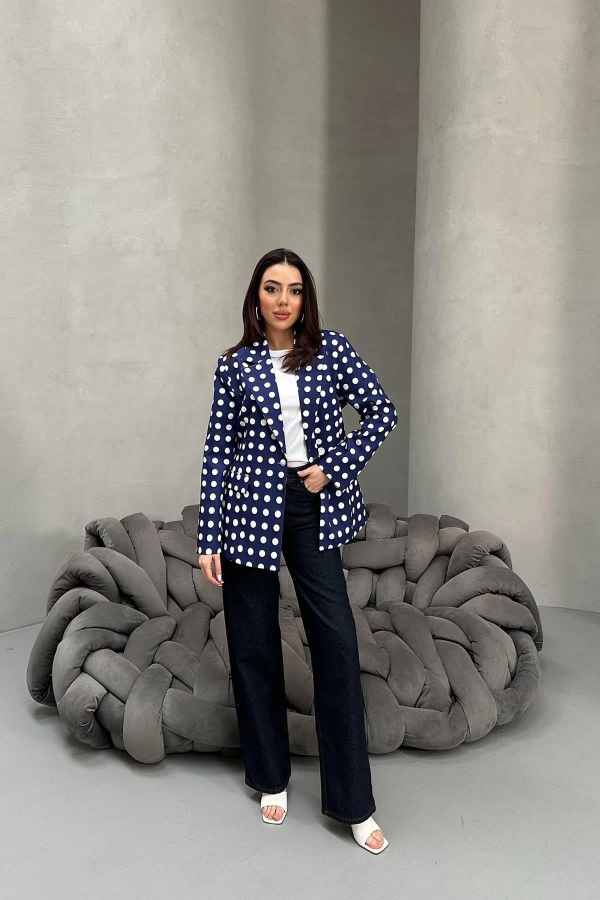 Toptan Lacivert Puantiyeli Blazer Ceket