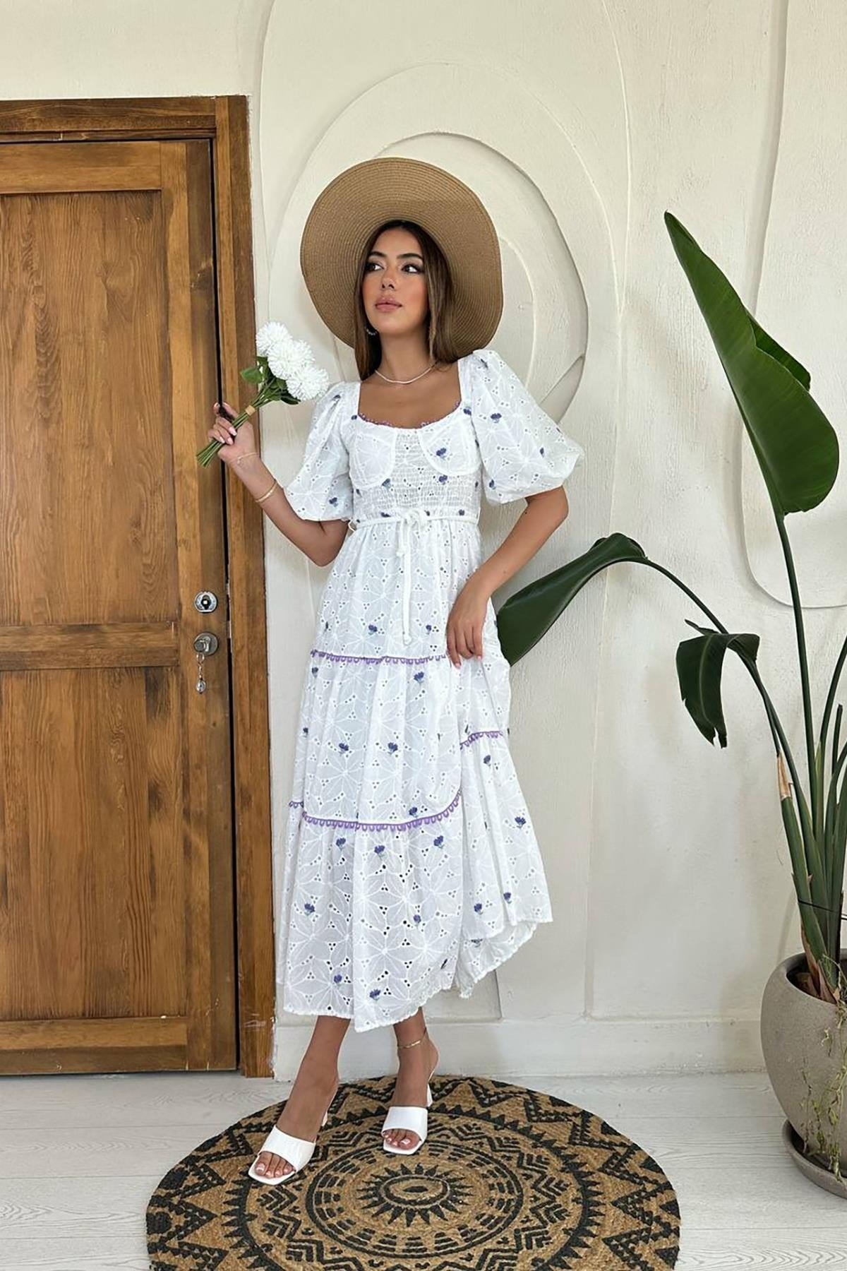 Toptan Lila Dantel Detaylı Brode Elbise