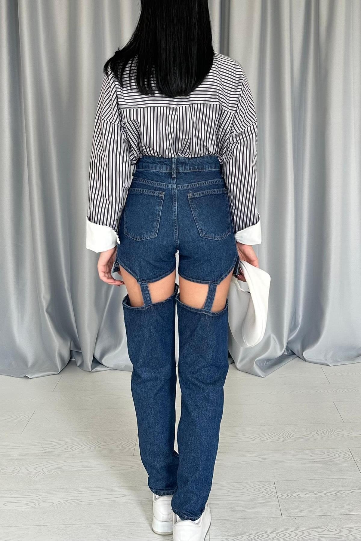 Toptan Mavi Askılı İki Parça Jeans Pantolon