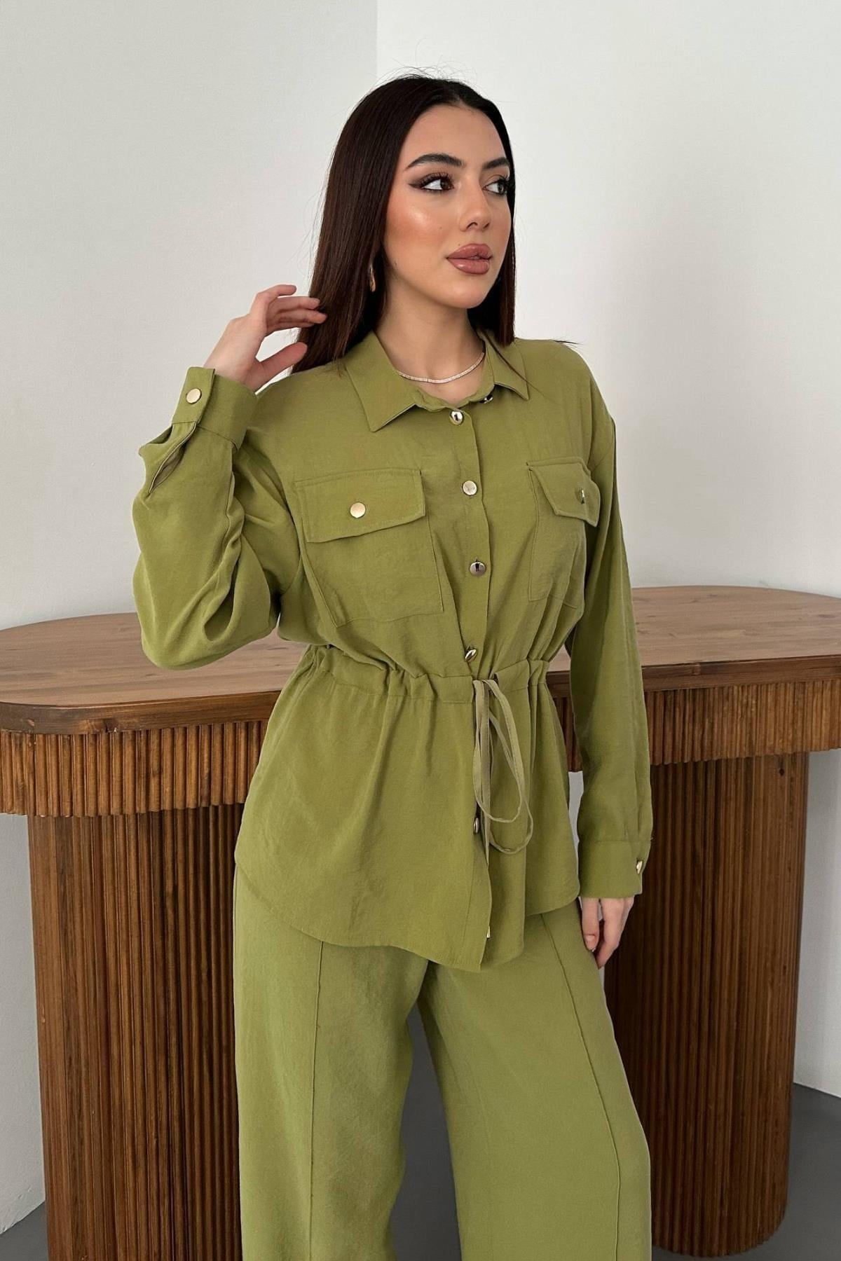 Toptan Olive Düğme Detaylı Gömlek Ve Nervürlü Pantolon Takım