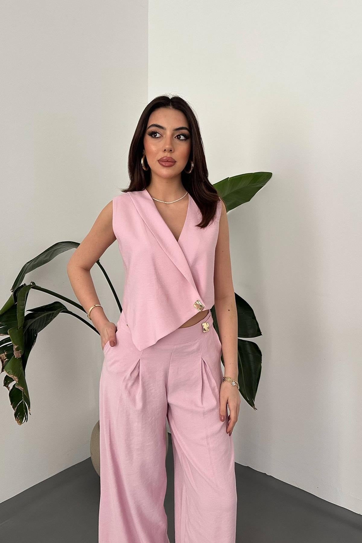 Toptan Pembe Asimetrik Yelek Ve Pantolon Takım