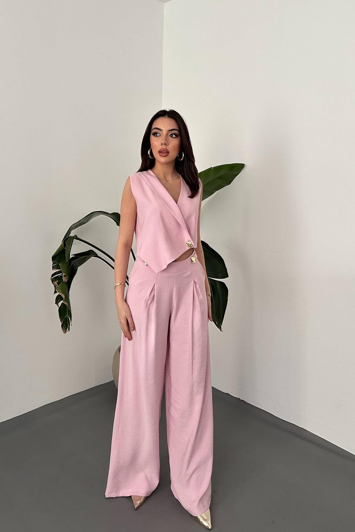 Toptan Pembe Asimetrik Yelek Ve Pantolon Takım