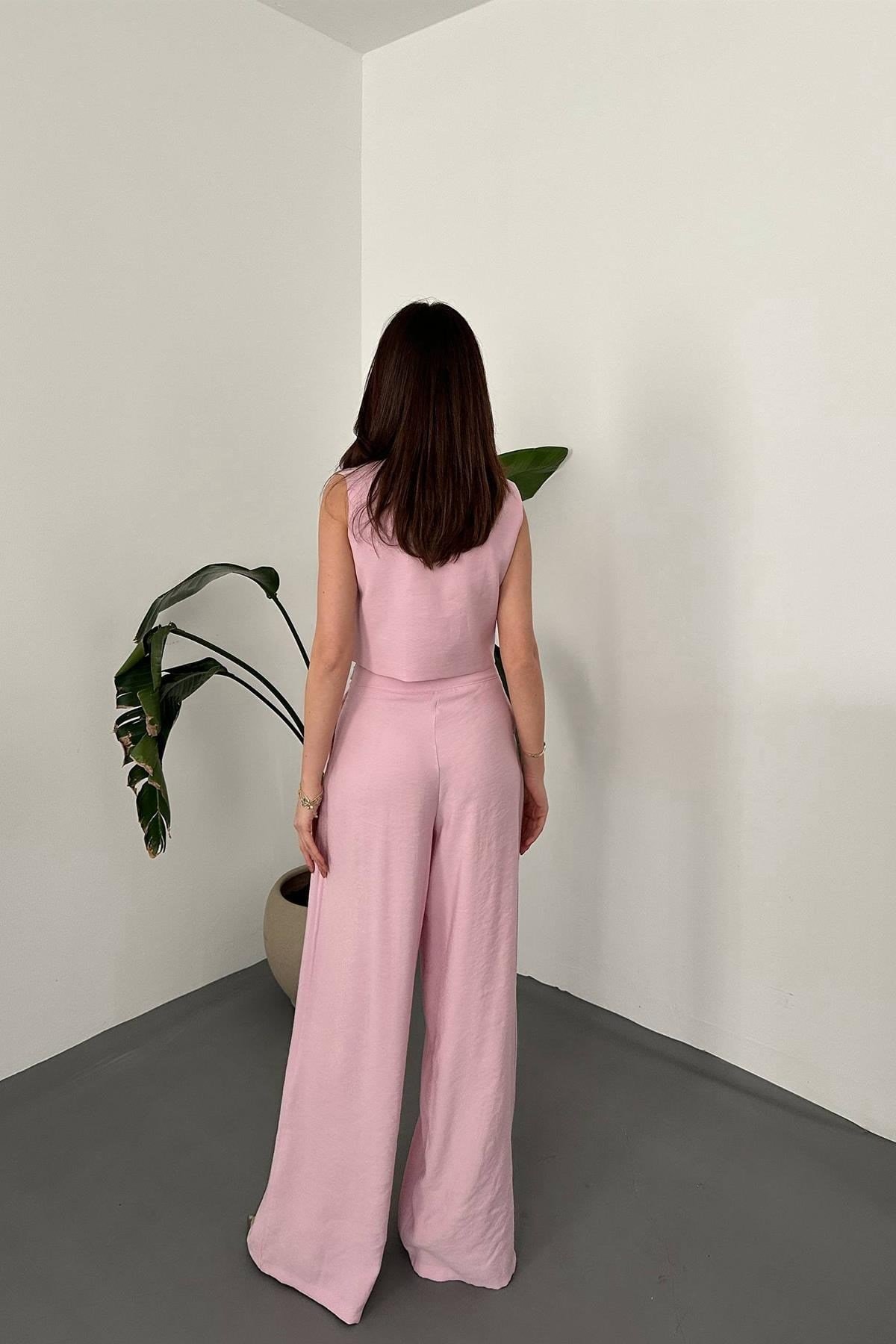Toptan Pembe Asimetrik Yelek Ve Pantolon Takım