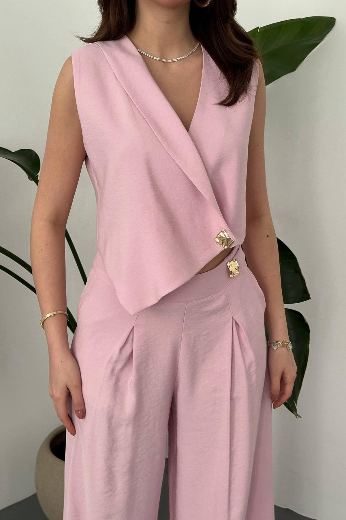 Toptan Pembe Asimetrik Yelek Ve Pantolon Takım