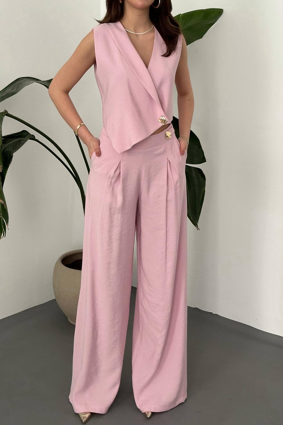 Toptan Pembe Asimetrik Yelek Ve Pantolon Takım