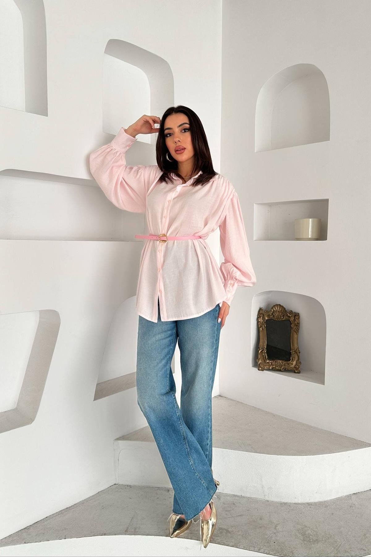 Toptan Pembe Kemer Detaylı Modal Gömlek