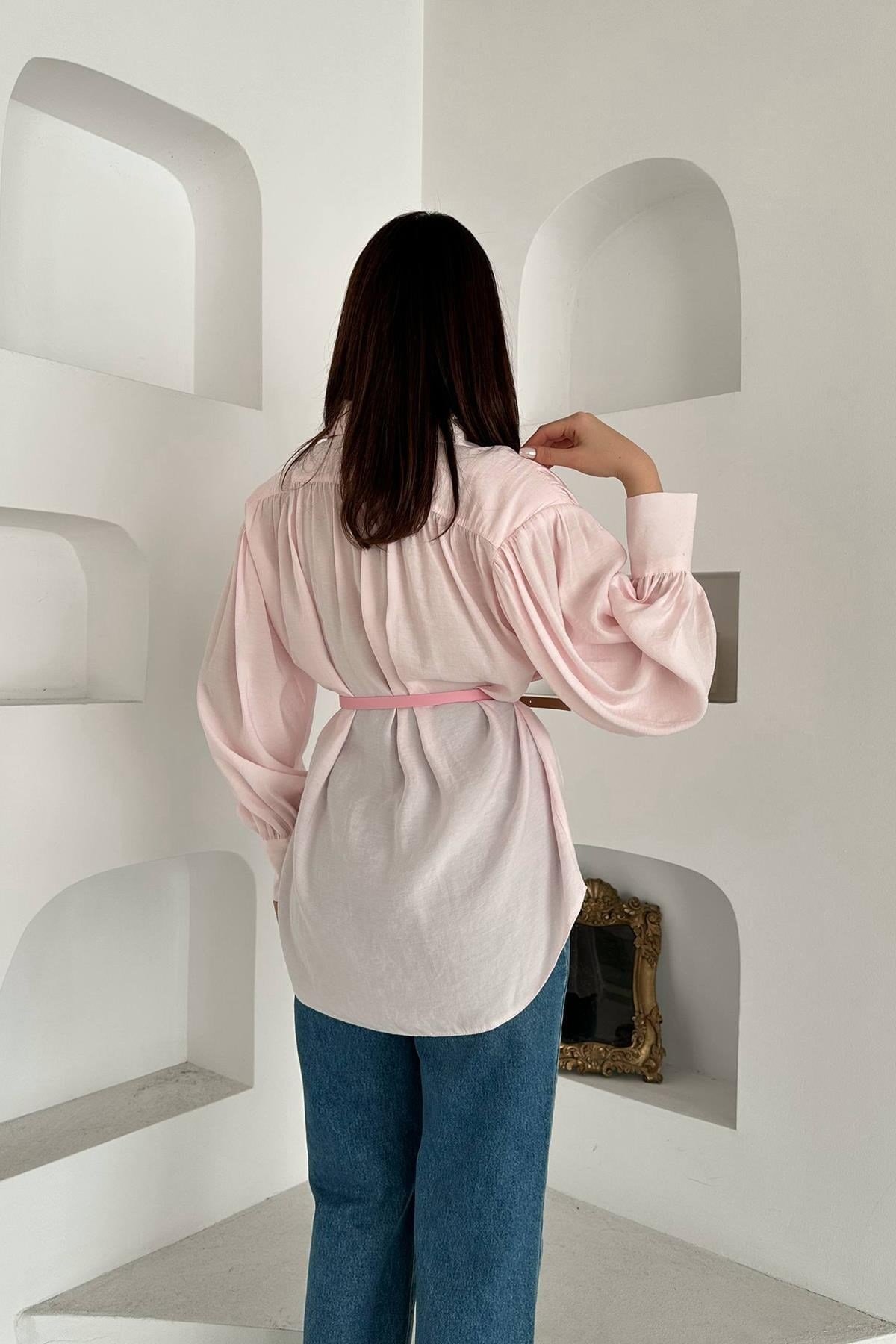 Toptan Pembe Kemer Detaylı Modal Gömlek