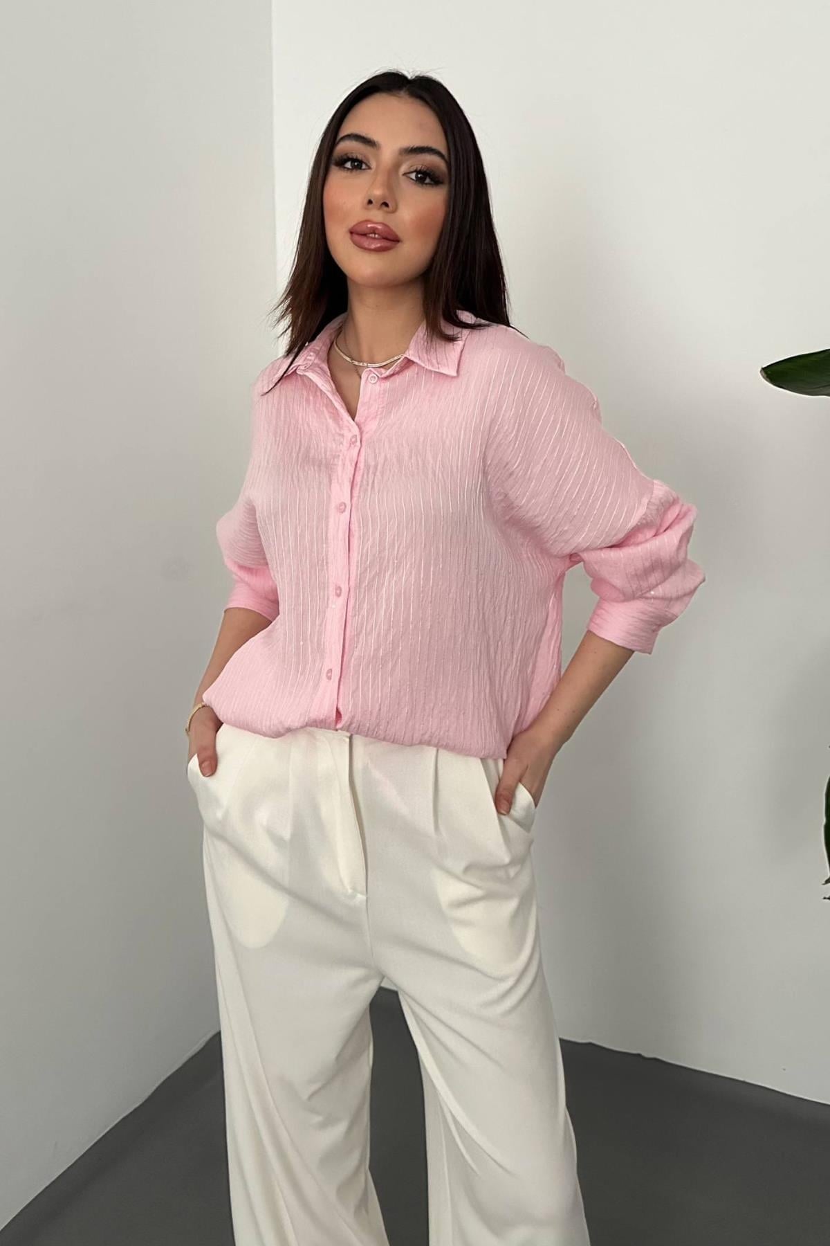 Toptan Pembe Nakışlı Oversize Gömlek