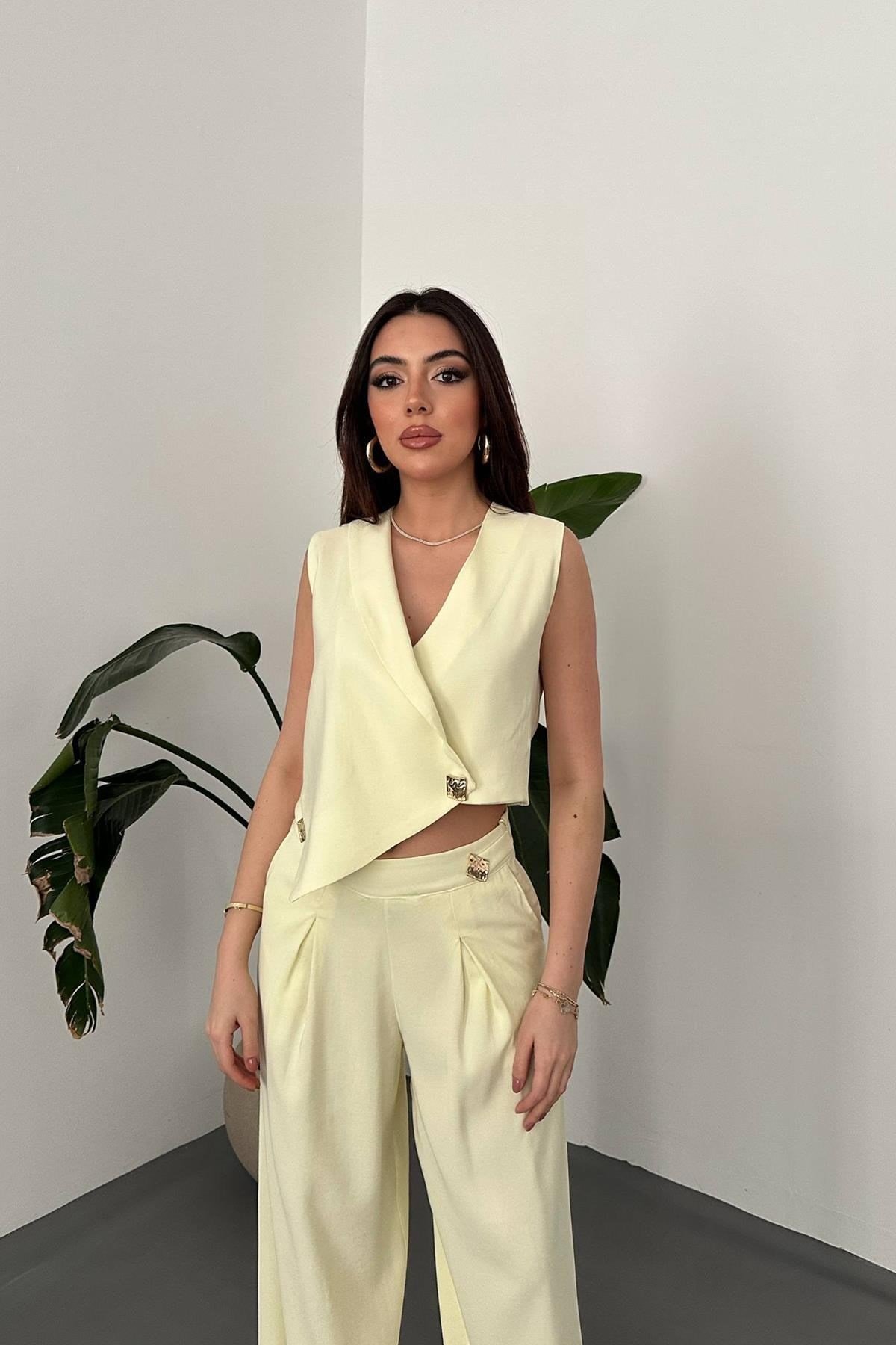 Toptan Sarı Asimetrik Yelek Ve Pantolon Takım