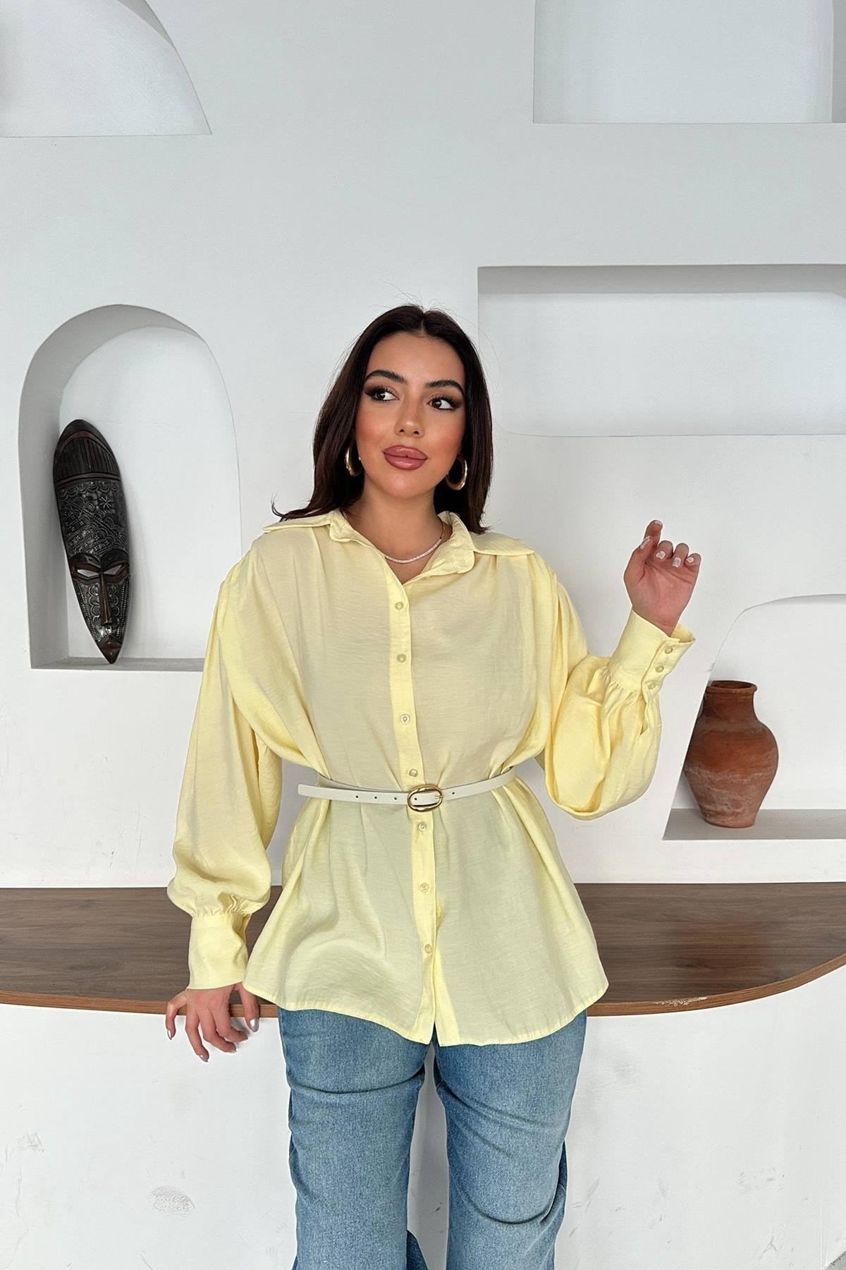 Toptan Sarı Kemer Detaylı Modal Gömlek