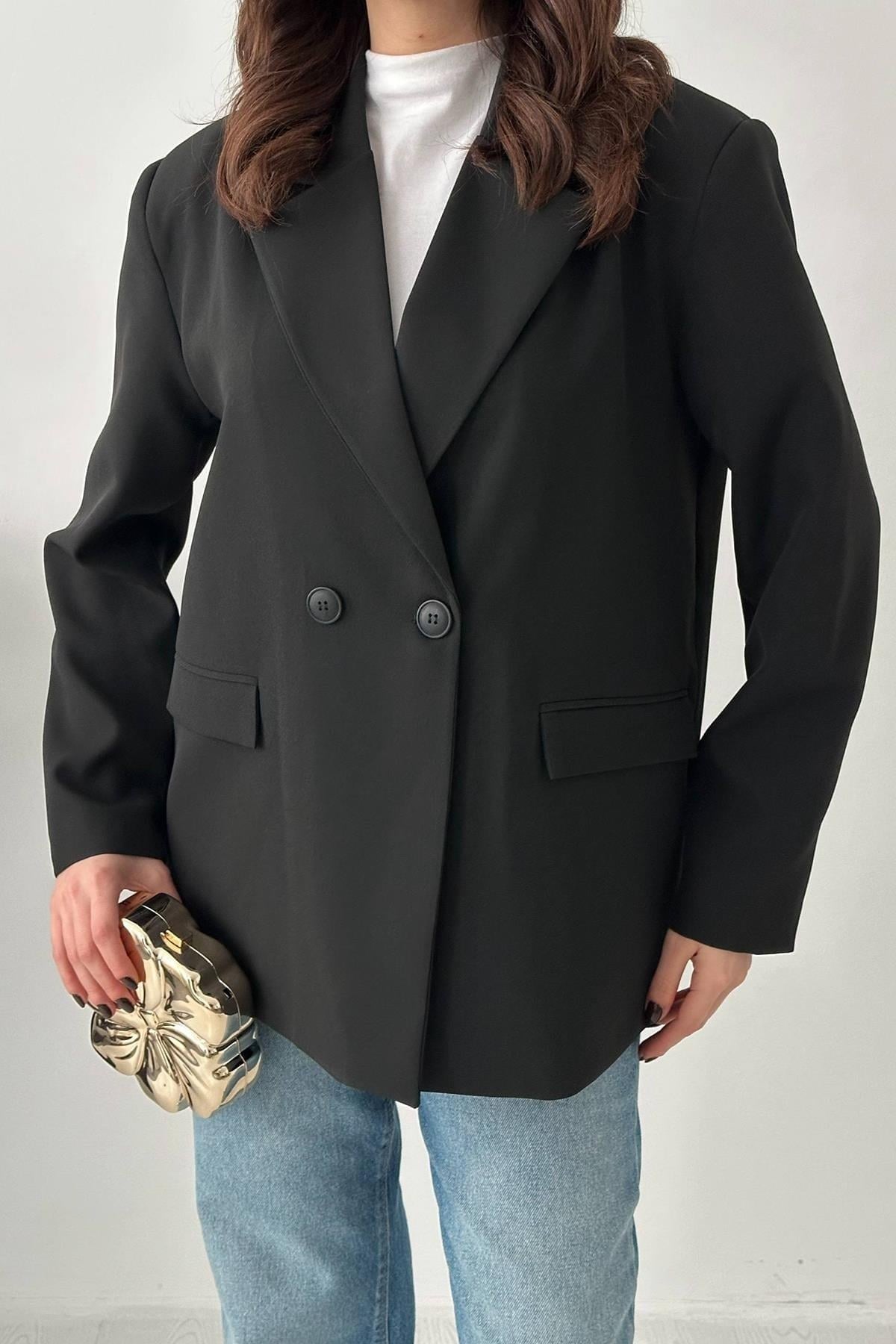 Toptan Siyah 2 Düğmeli Blazer Ceket