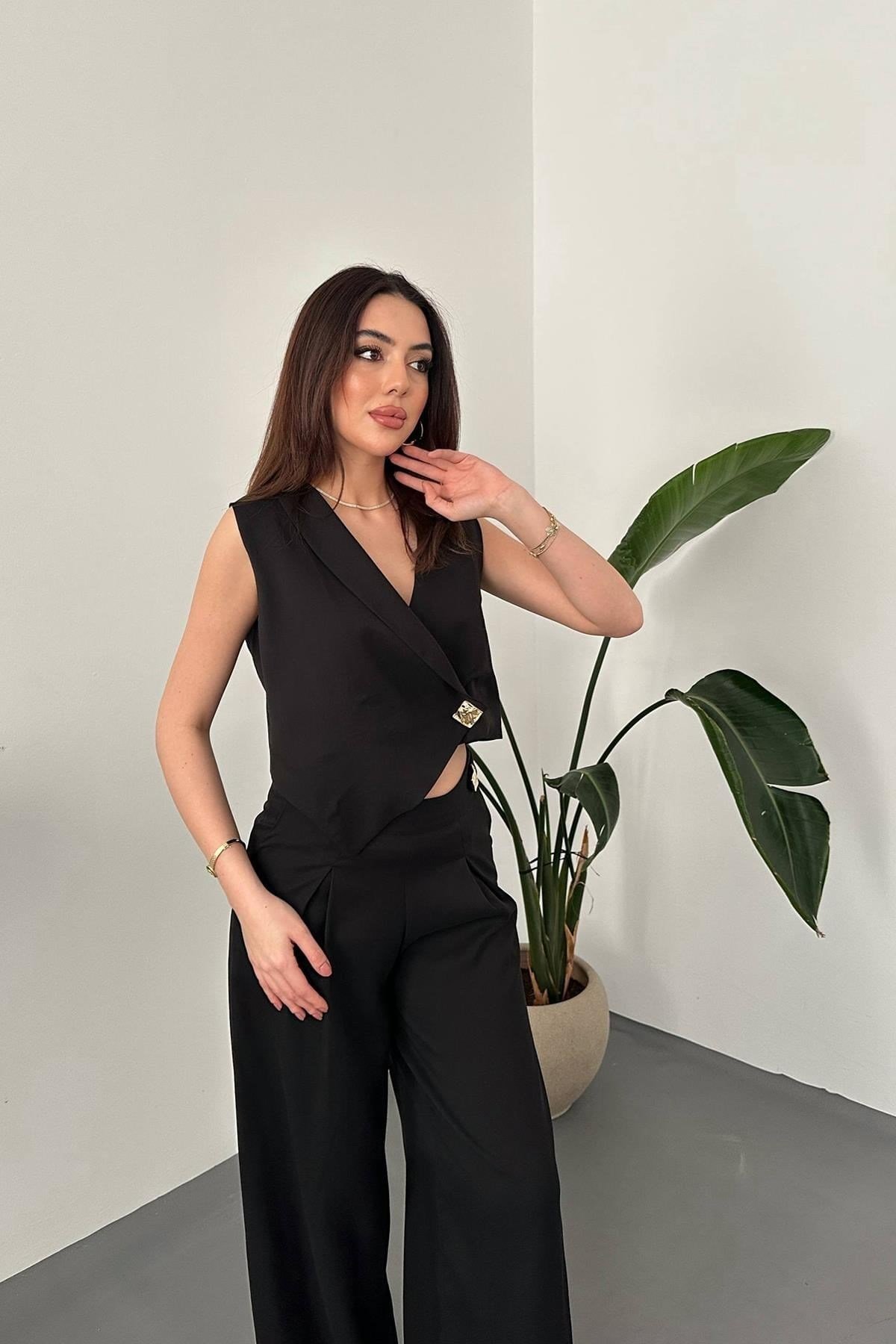 Toptan Siyah Asimetrik Yelek Ve Pantolon Takım