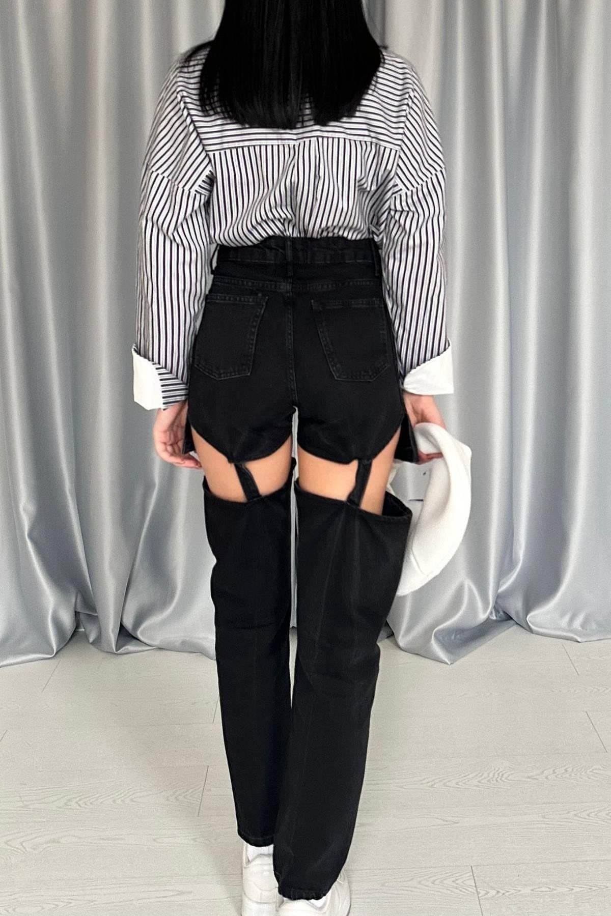 Toptan Siyah Askılı İki Parça Jeans Pantolon