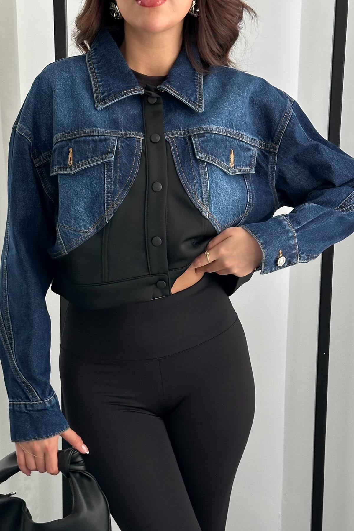 Toptan Siyah Denim Scuba Garnili Ceket