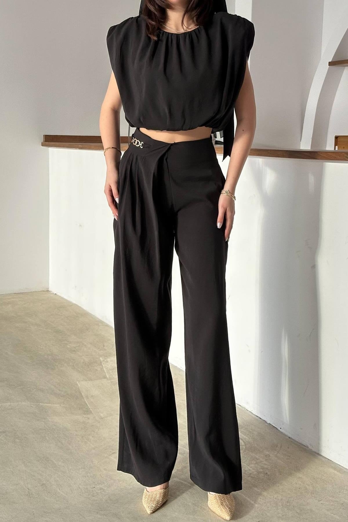 Toptan Siyah Modal Bluz Ve Pantolon Takım