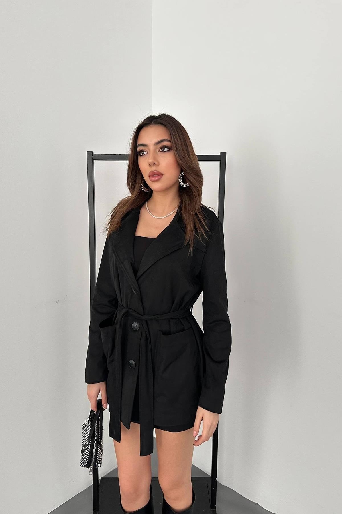 Toptan Siyah Süet Bağlamalı Ceket