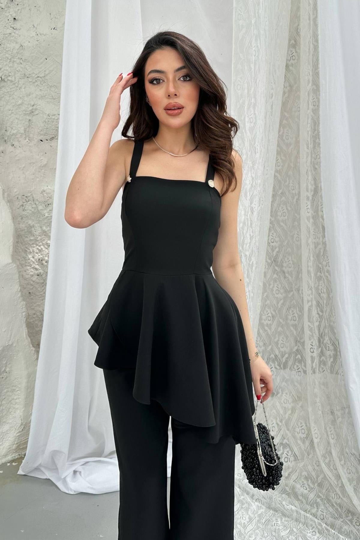 Toptan Siyah Volanlı Bluz Ve Pantolon Takım