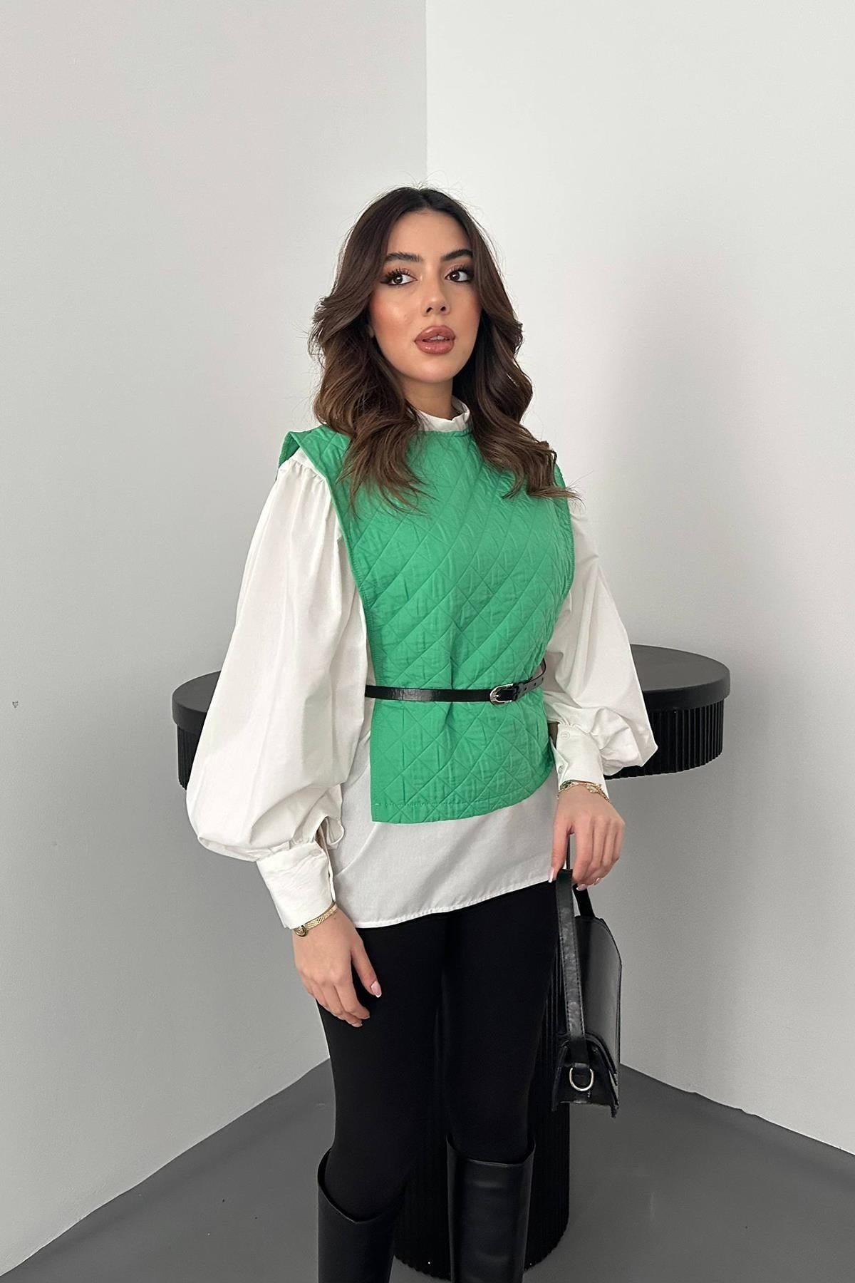 Toptan Yeşil Kemerli Gömlek Ve Panço Takım