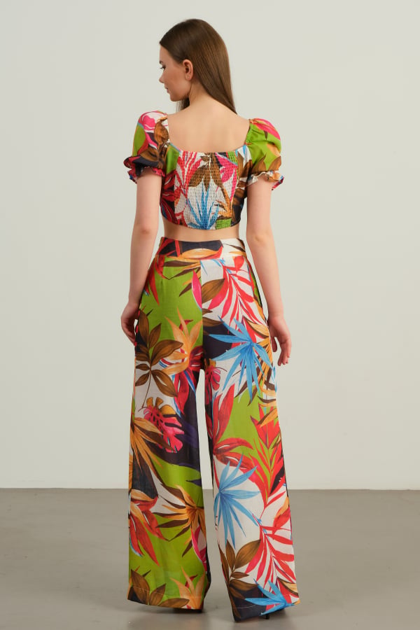 Tropikal Desenli Crop Bluz & Palazzo Pantolon Takım
