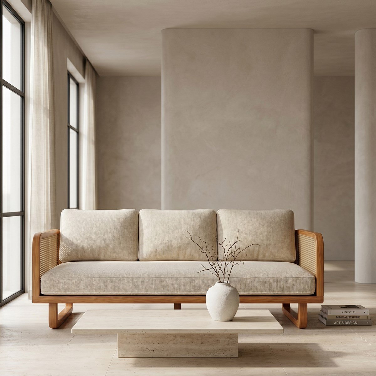 Soren Hazeran Ahşap Beyaz Üçlü Koltuk -Deco101