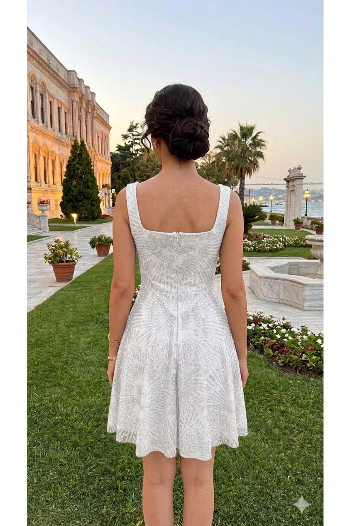 Çırağan Serisi Kare Yaka Simli Mini Abiye
