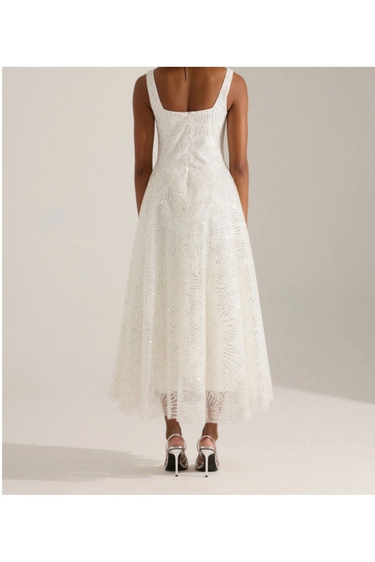 Işıltılı simli Jacquard Dokulu Kare Yaka Couture premium abiye Elbise