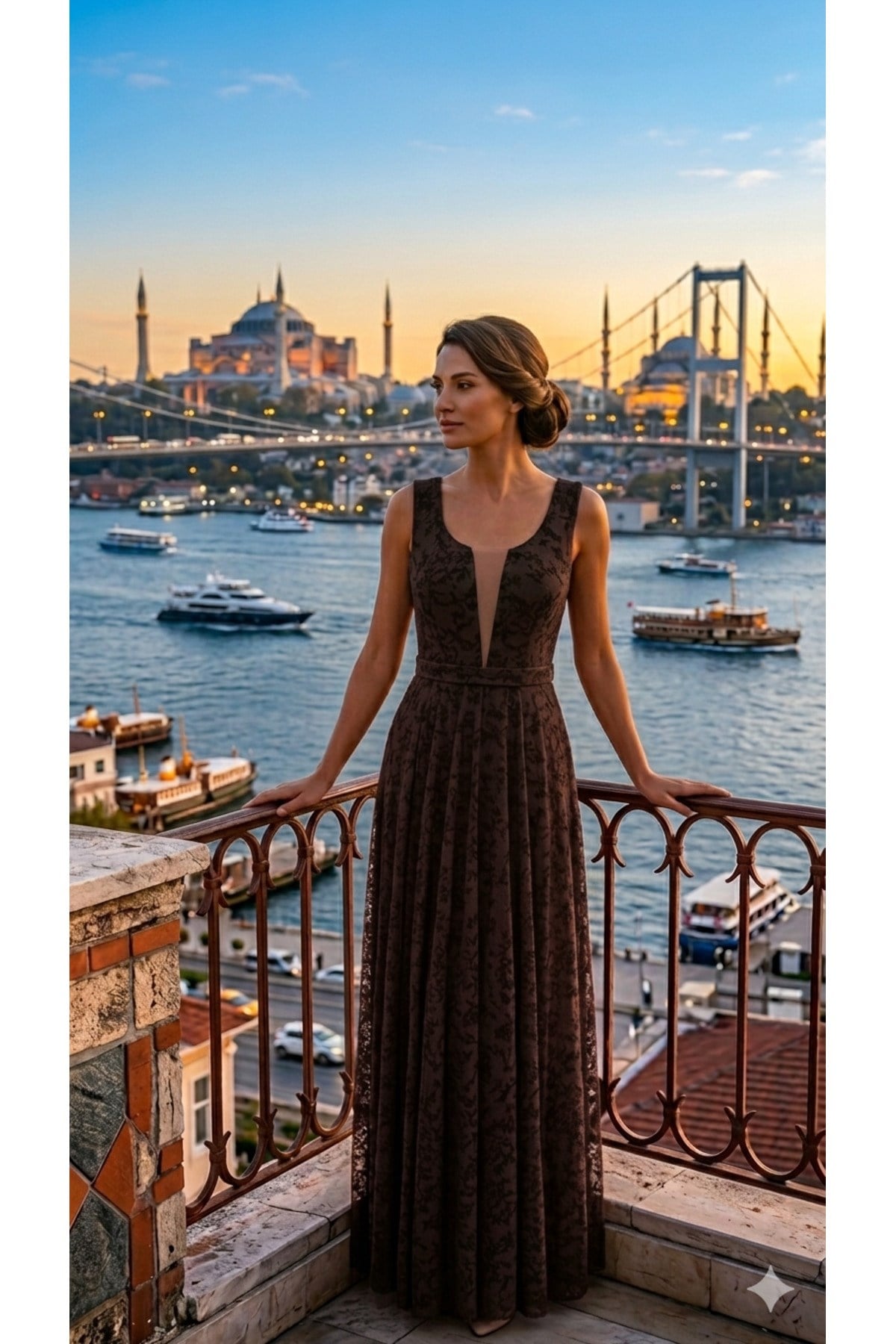 Kadın Kadife Dokulu Flok Baskılı Transparan Detaylı Luxury Uzun Elbise