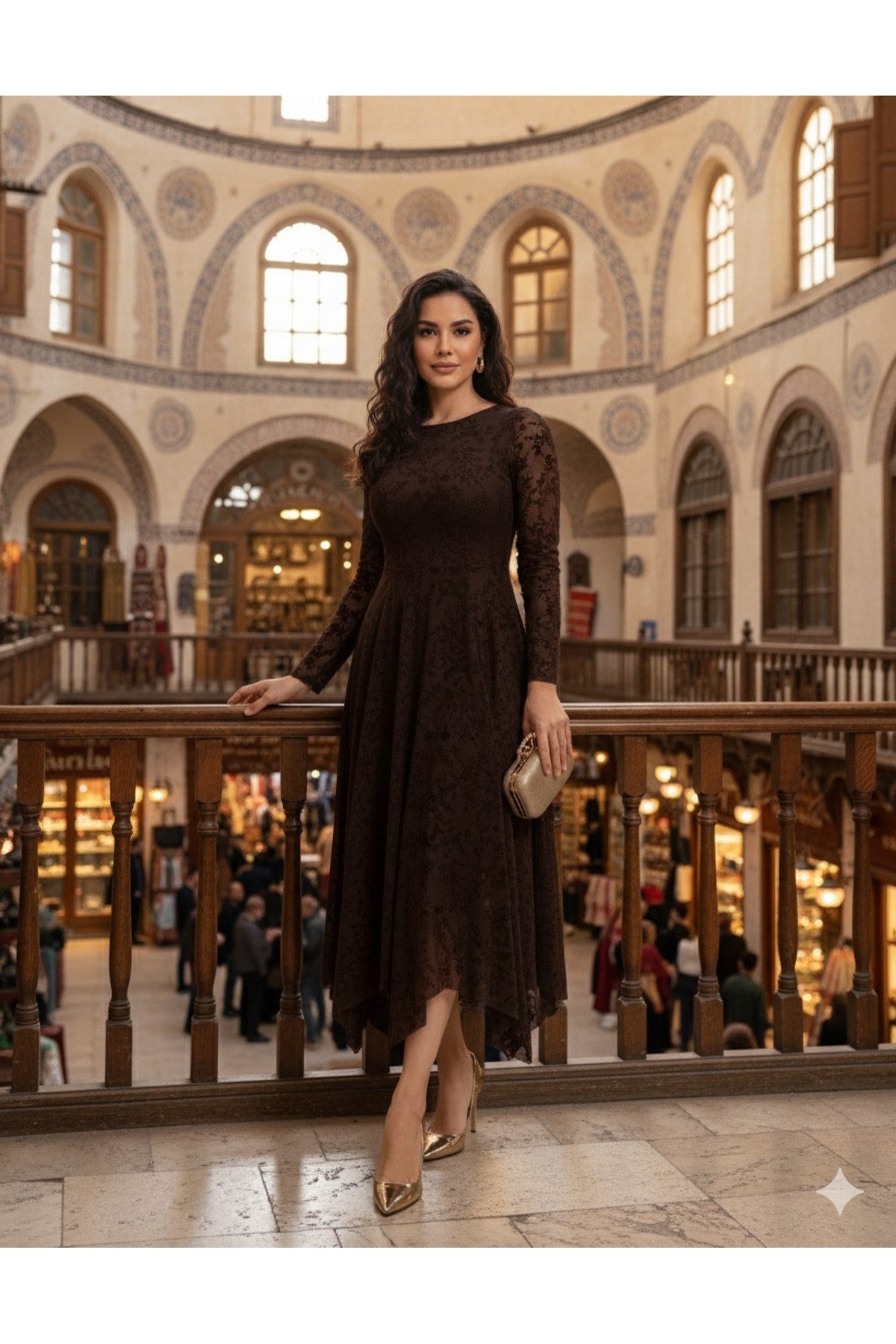 Kadın Kahverengi Tül Üzeri Flok Baskılı Asimetrik Kesim Abiye Elbise