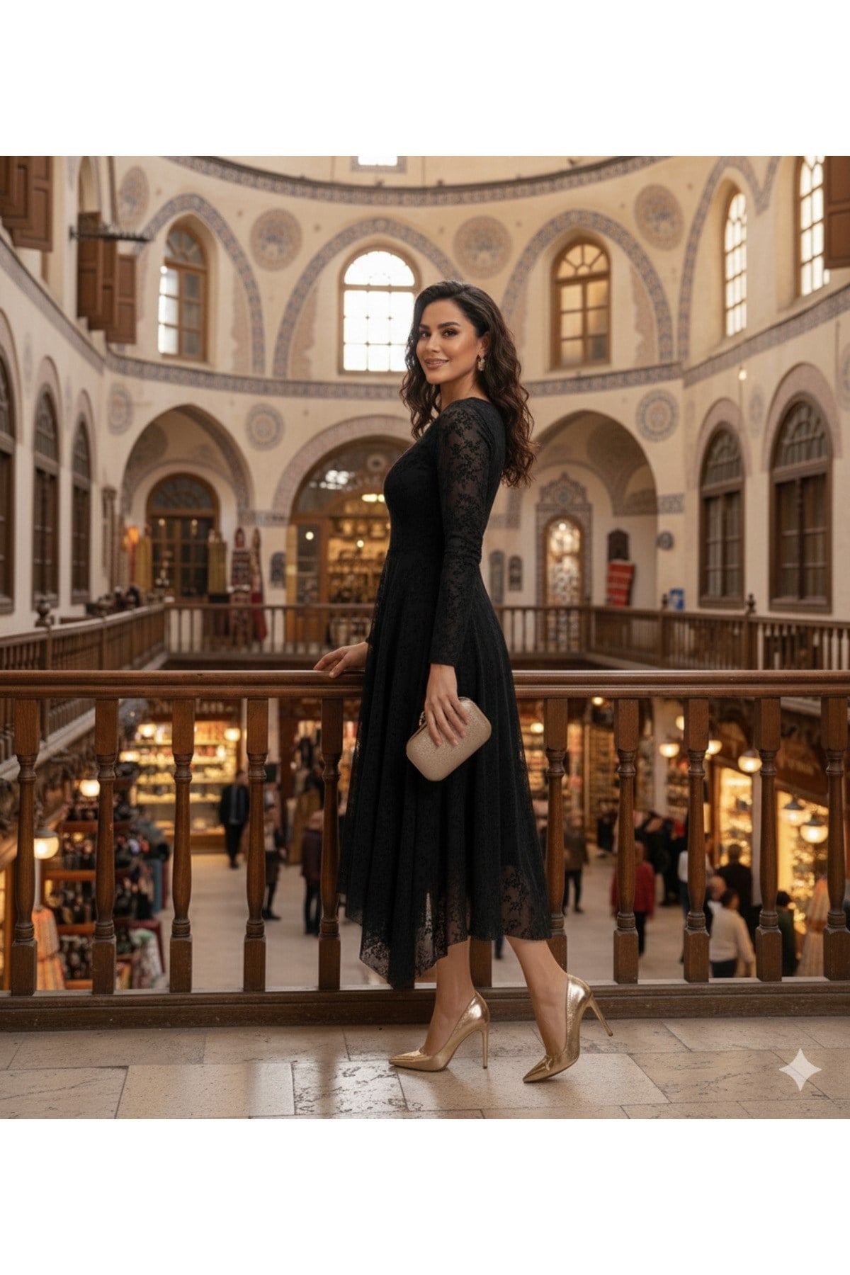 Kadın siyah Tül Üzeri Flok Baskılı Asimetrik Kesim Elbise