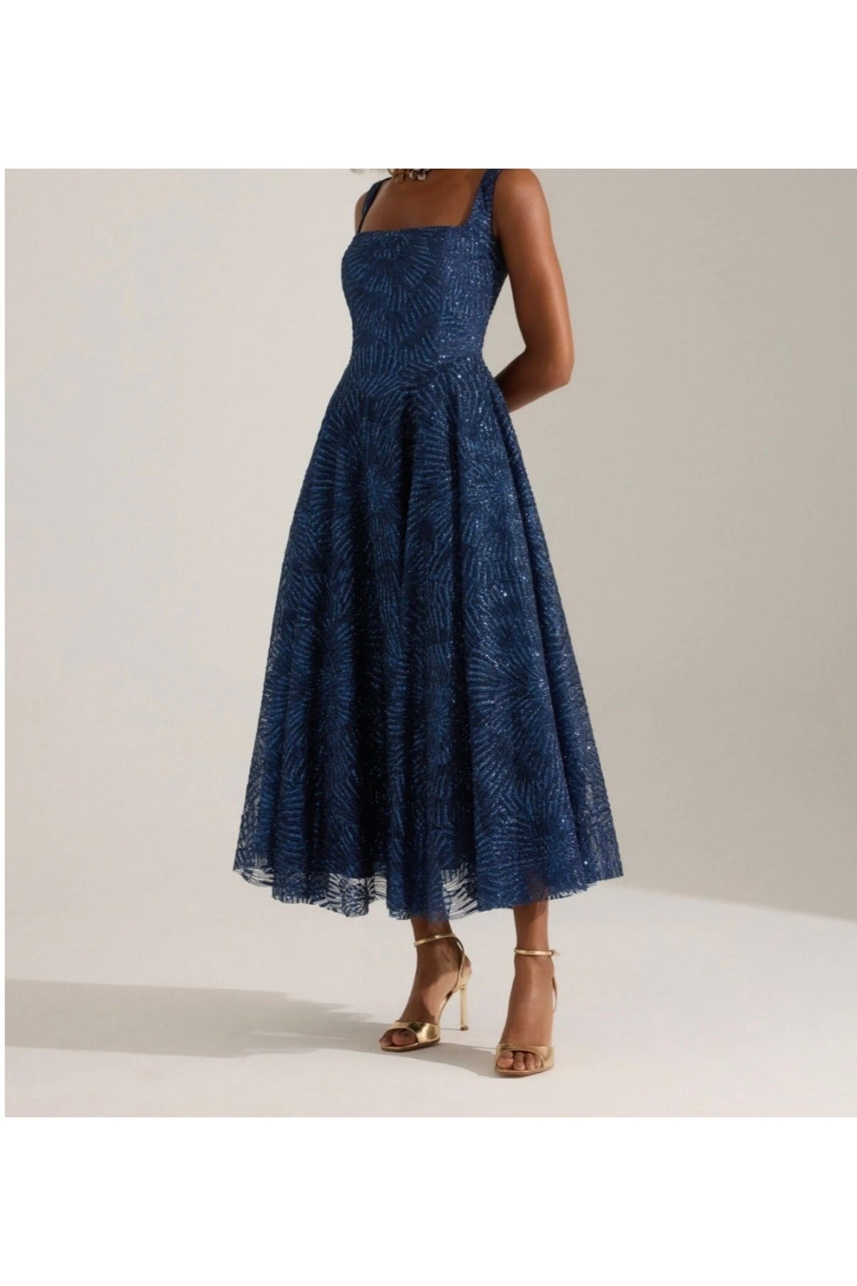 lacivert Işıltılı simli Jacquard Dokulu Kare Yaka Couture premium abiye Elbise