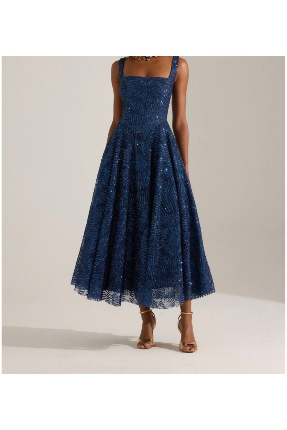 lacivert Işıltılı simli Jacquard Dokulu Kare Yaka Couture premium abiye Elbise