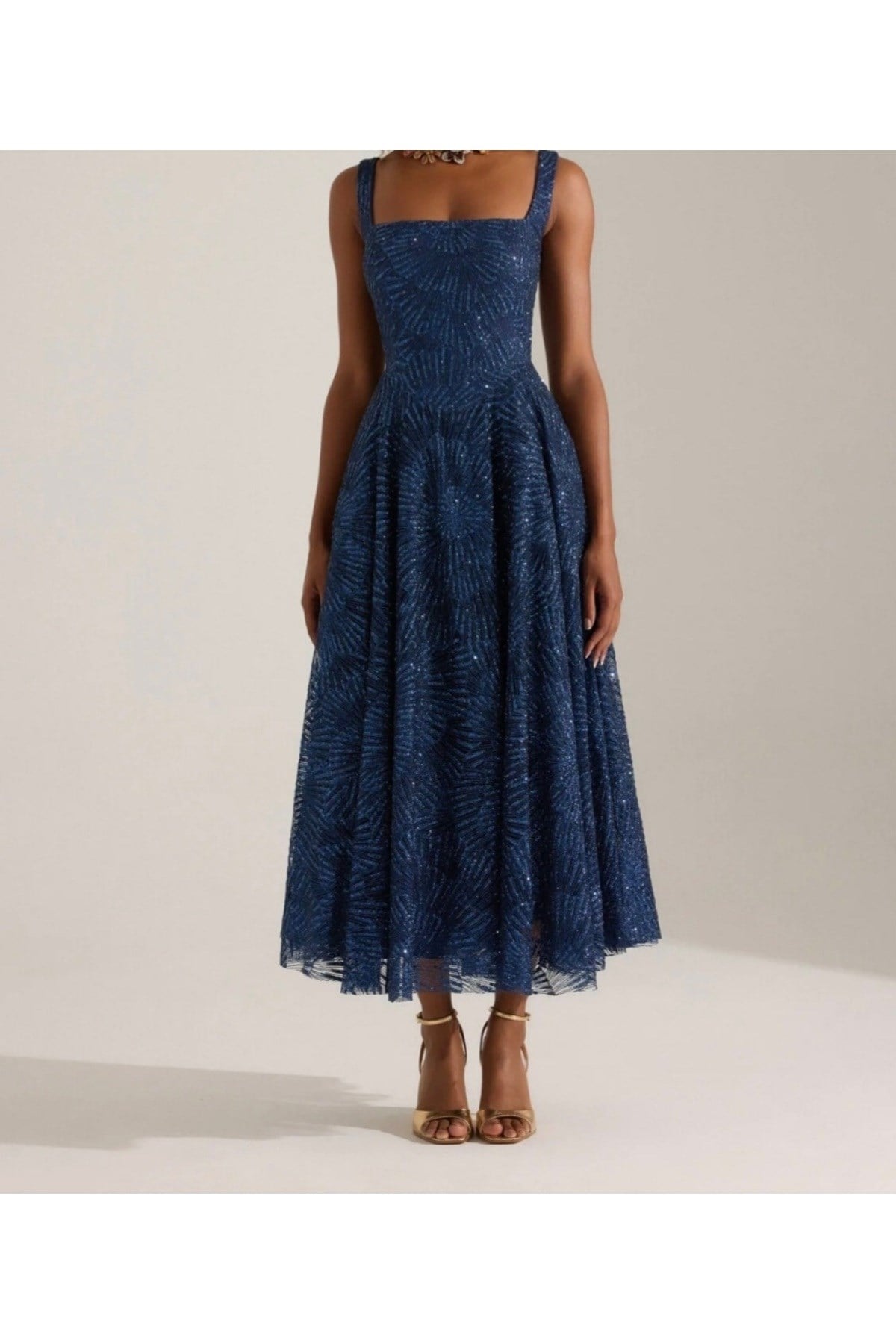 lacivert Işıltılı simli Jacquard Dokulu Kare Yaka Couture premium abiye Elbise