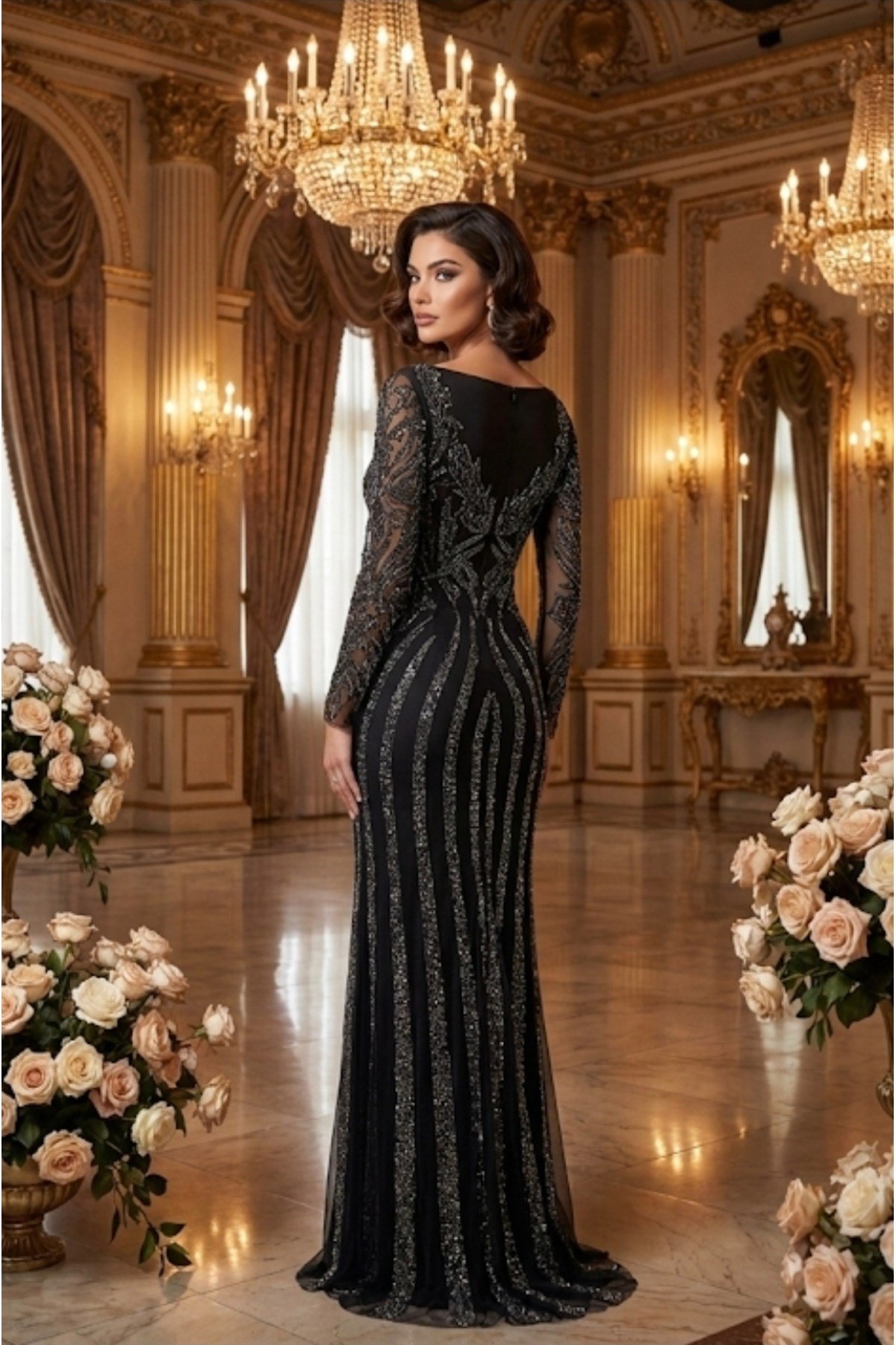 Milano Studio Premium Collection El İşçiliği Kristal Taşlı, İtalyan Kesim Siyah tasarım Abiye