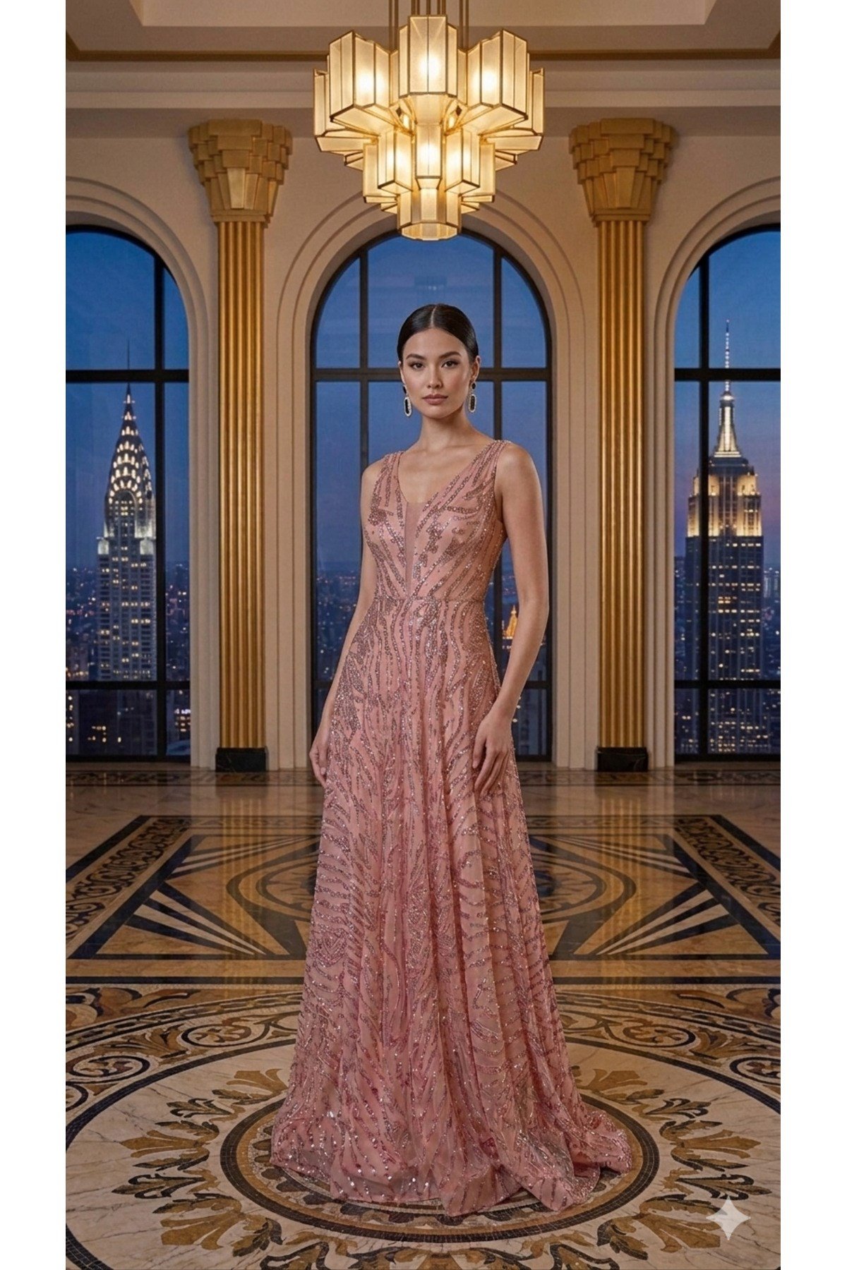 Premium Koleksiyon,taş ve Payet baskılı Tasarım pembe Gece Elbisesi,abiye elbise,Limited Edition